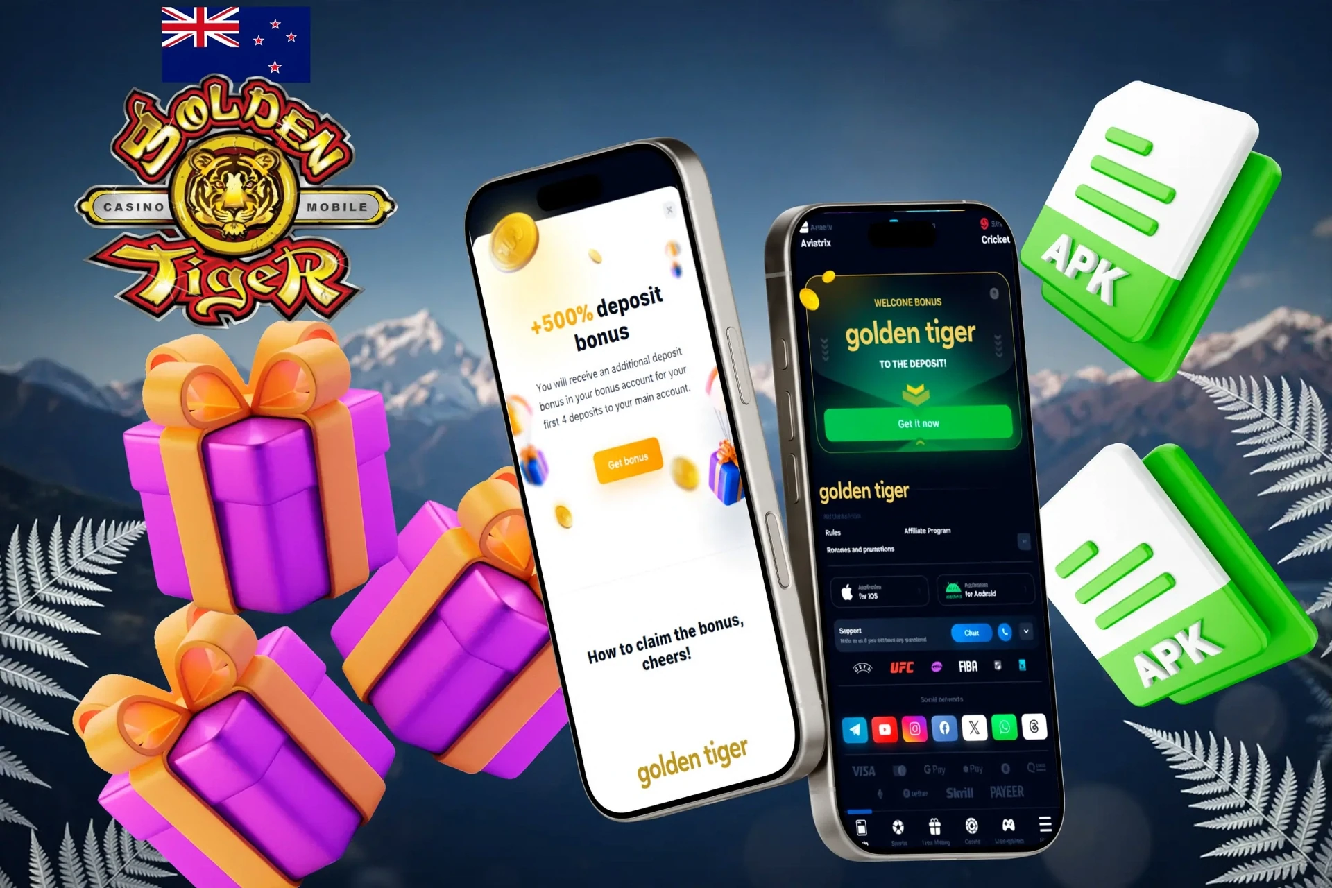 Golden Tiger mobile app promotion with welcome bonus up to NZ$1,500 and gift box illustration