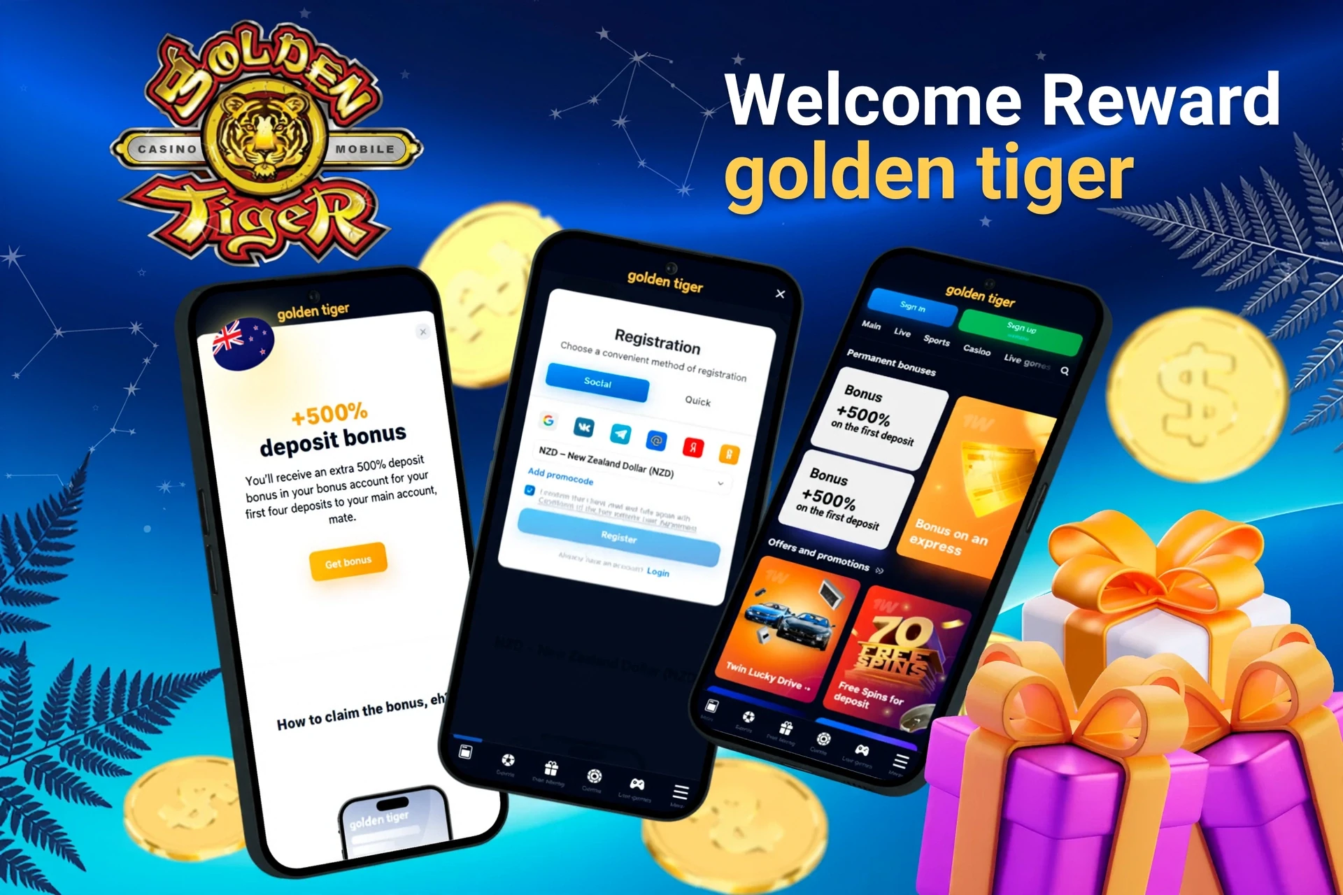 Mobile screens displaying 1Win registration and 500% deposit bonus with gift boxes