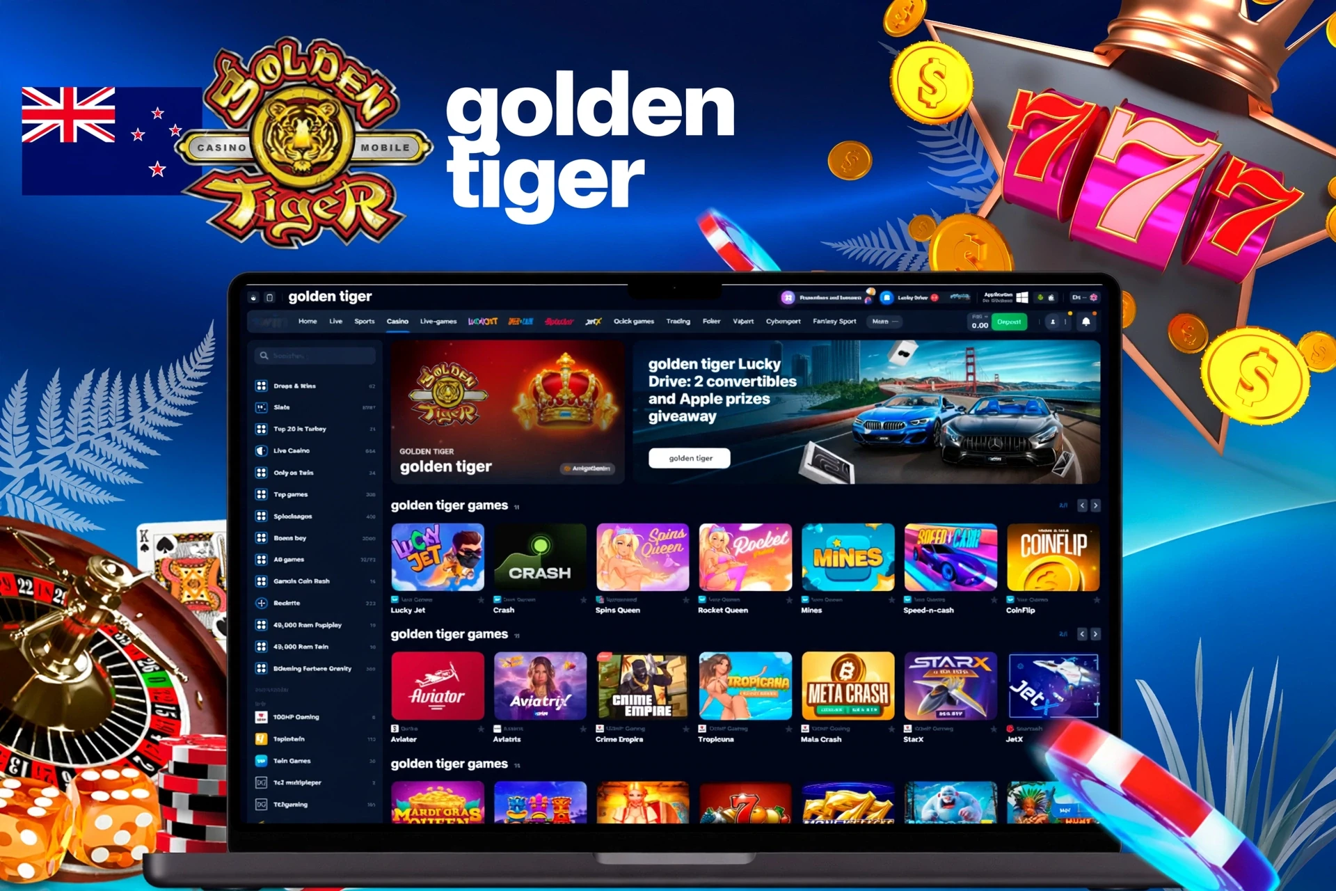 Golden Tiger casino homepage with various slot and crash games, including Lucky Jet and Blazing Crown