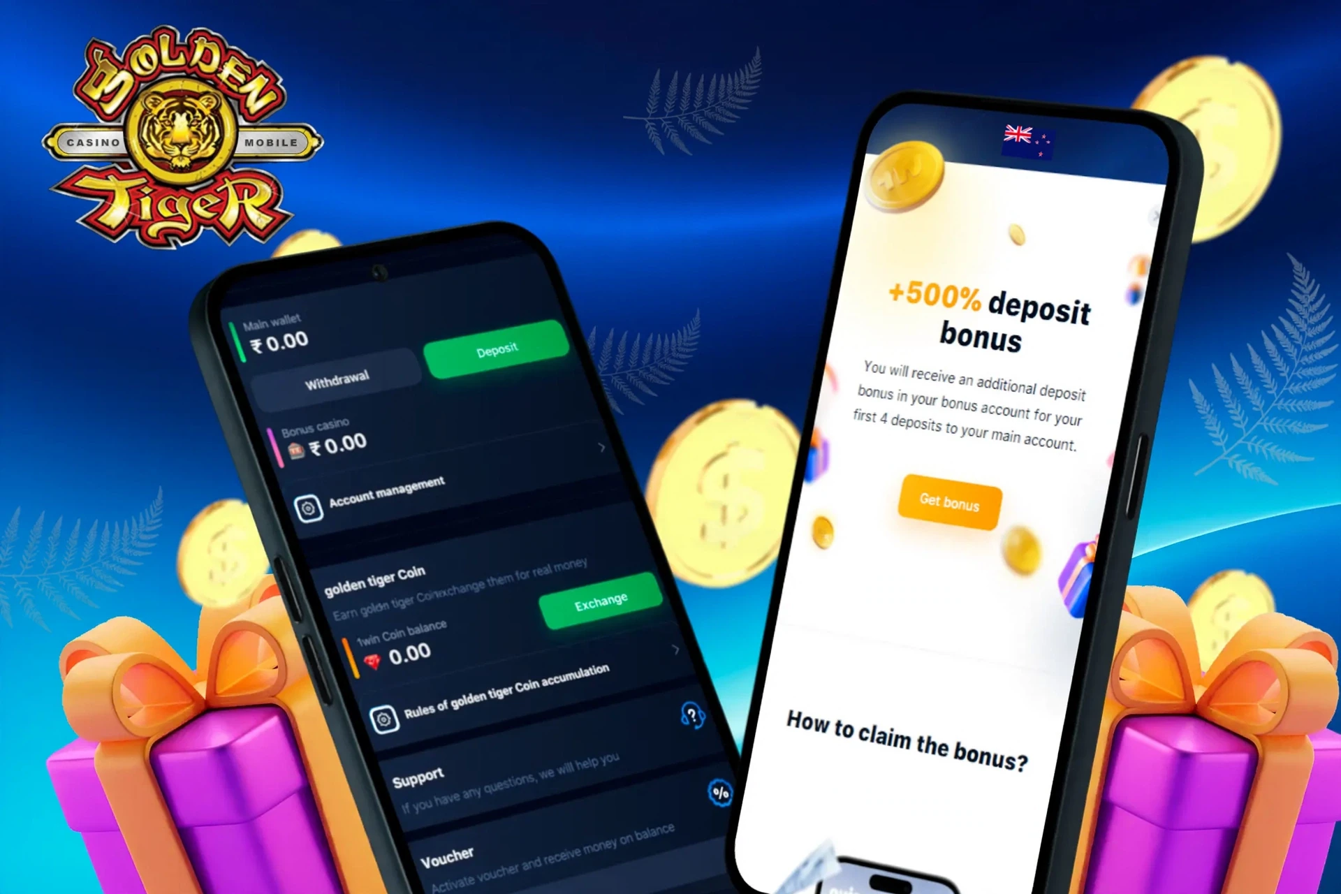 deposit and withdrawal screen showing wallet balance, account management options, and a 500% deposit bonus offer