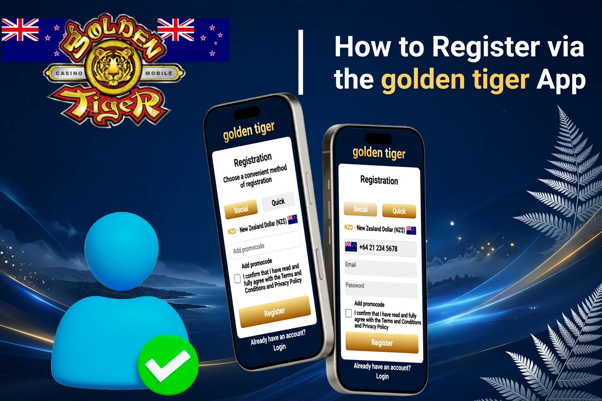 Registration process on the Golden Tiger mobile app with social login options