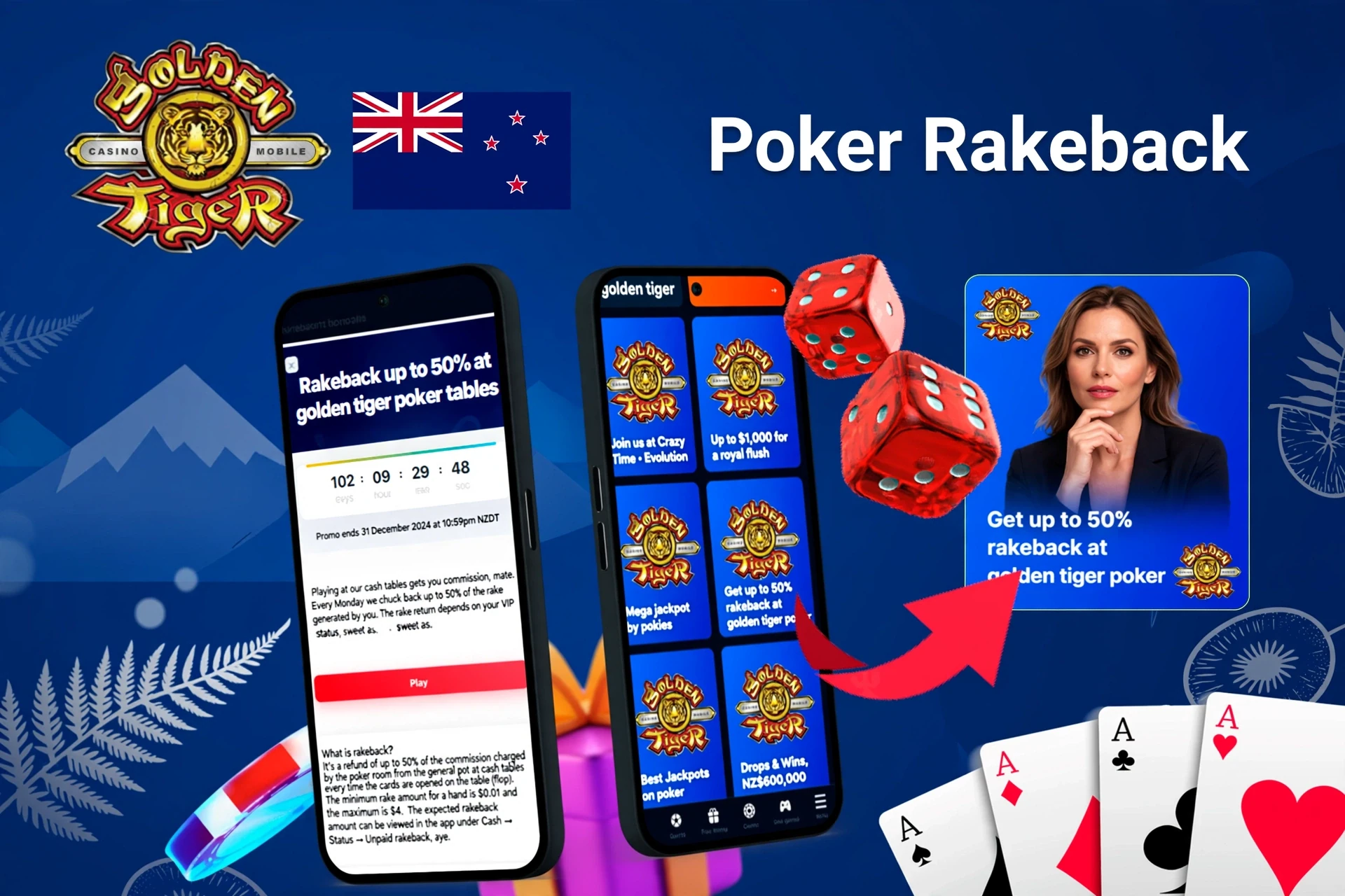 Mobile app with Golden Tiger poker rakeback offer up to 50%, red dice, and playing cards