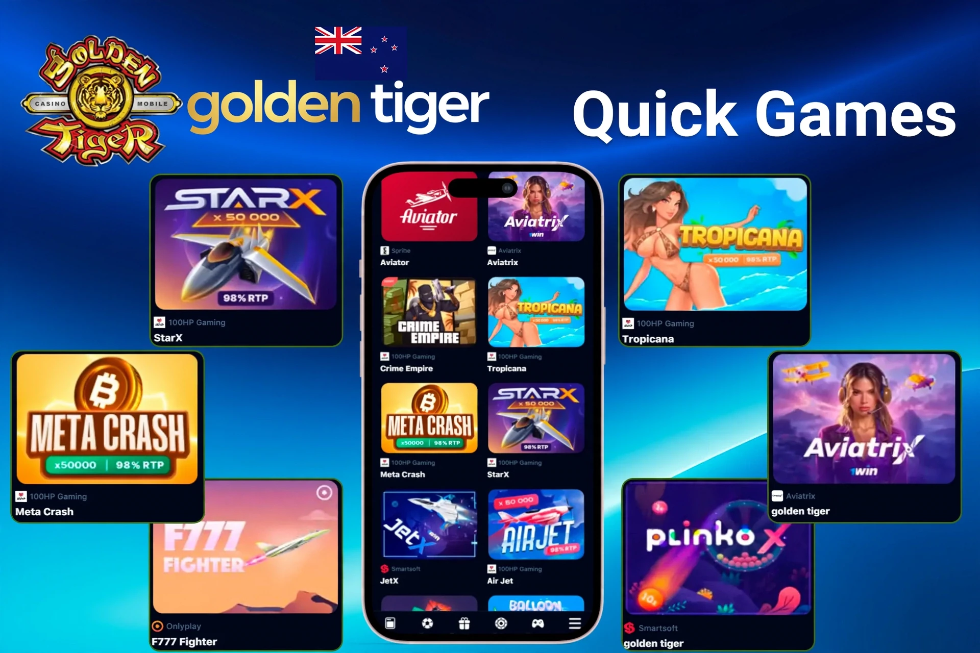 Quick games section highlighting titles such as StarX, Tropicana, Meta Crash, and PlinkoX on a mobile app