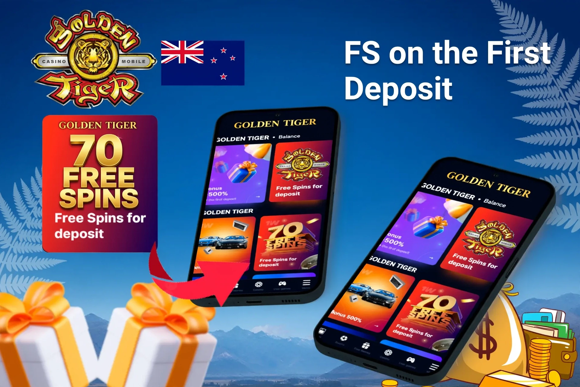 Mobile app showing casino game offers like loyalty program and free spins with poker chips and cards