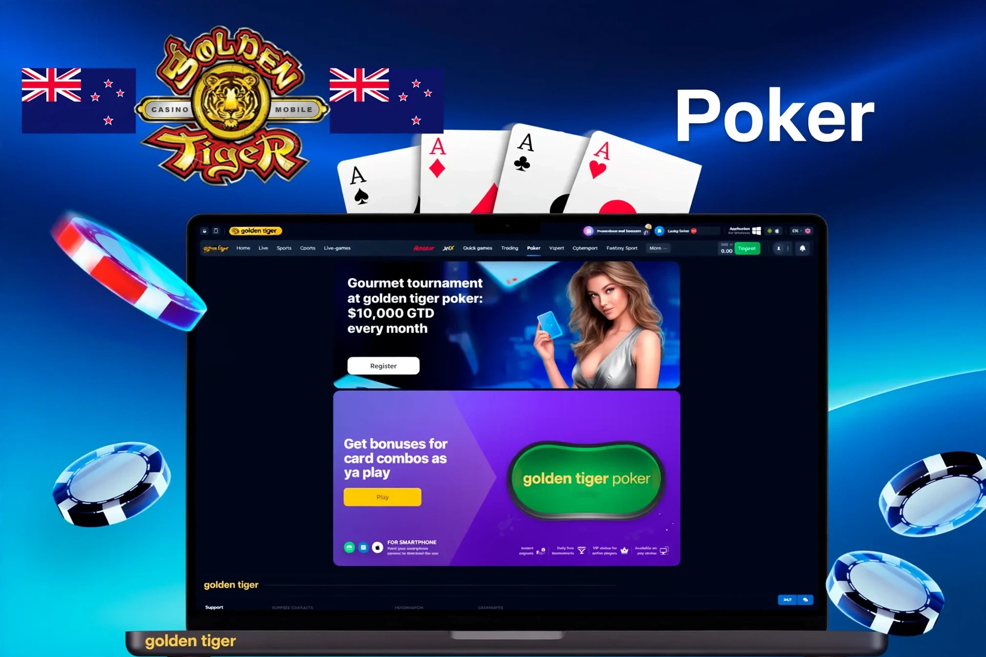 Golden Tiger poker promotion featuring a gourmet tournament with NZ$10,000 guaranteed prize and bonuses for card combos