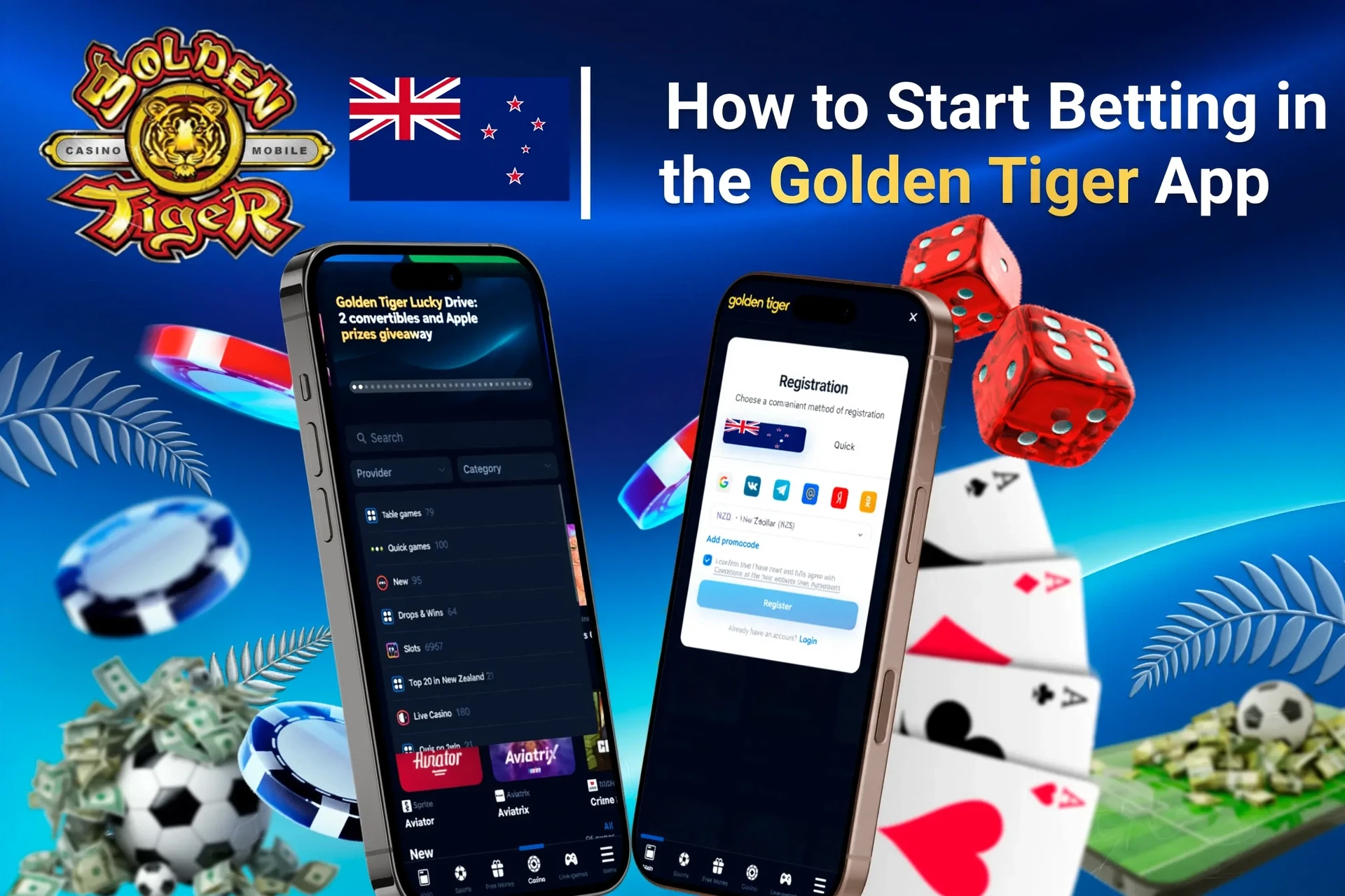 Step-by-step guide to starting betting on the Golden Tiger app, with registration and game selection shown on mobile screens