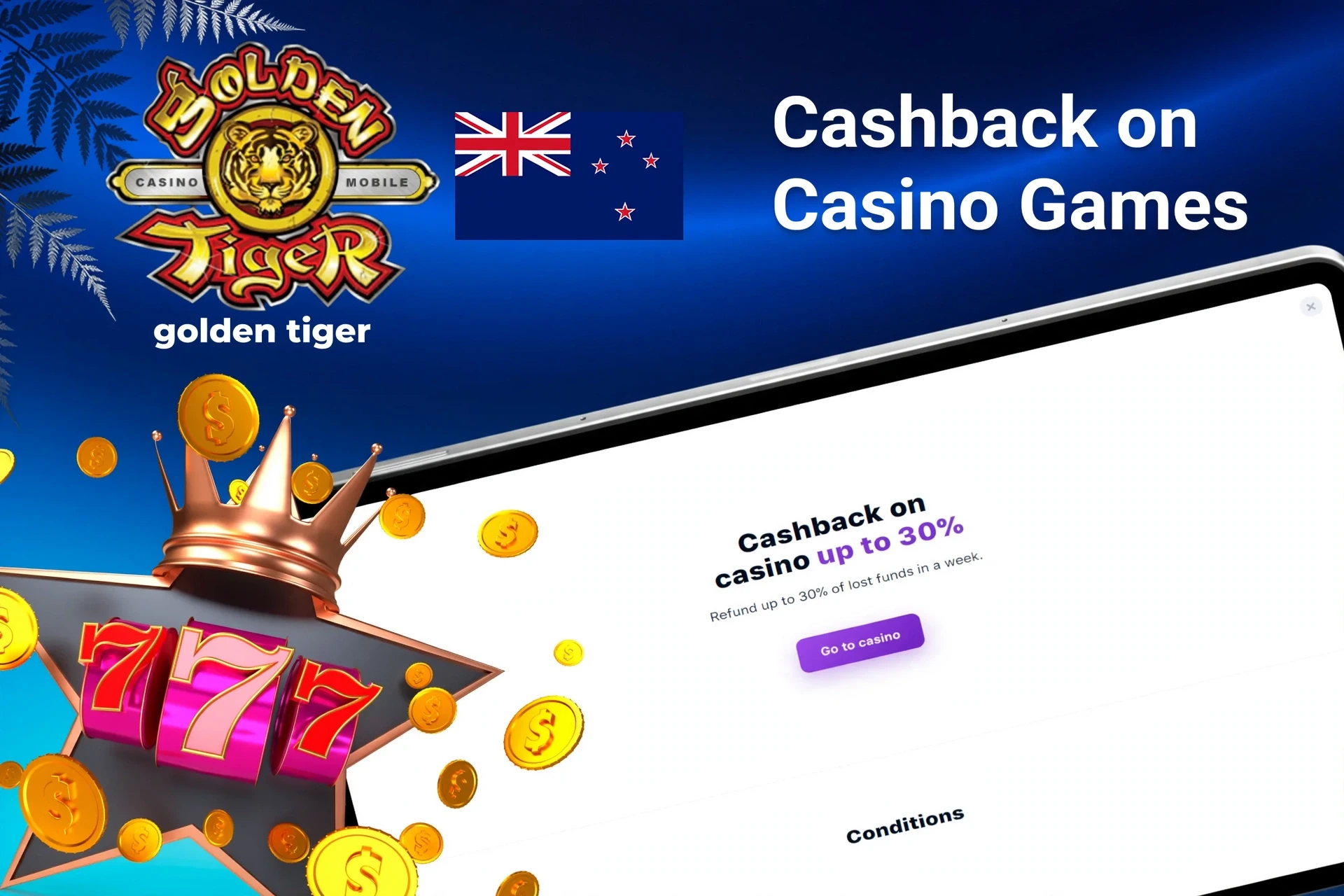 Mobile app with Golden Tiger poker rakeback offer up to 50%, red dice, and playing cards