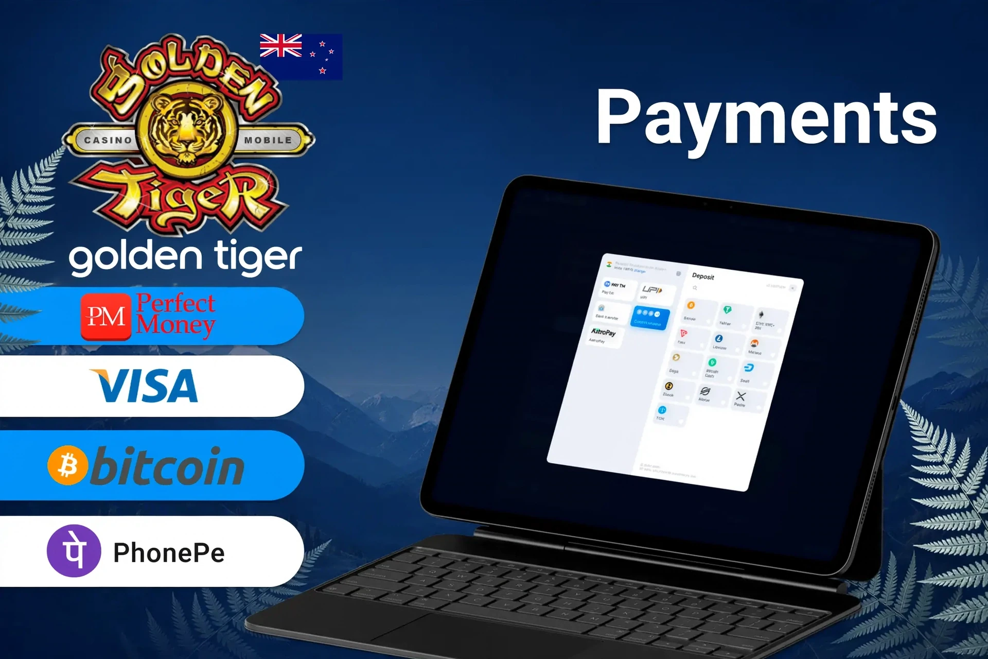 Golden Tiger payment methods including Perfect Money, Visa, Bitcoin, and POLi for quick and secure transactions