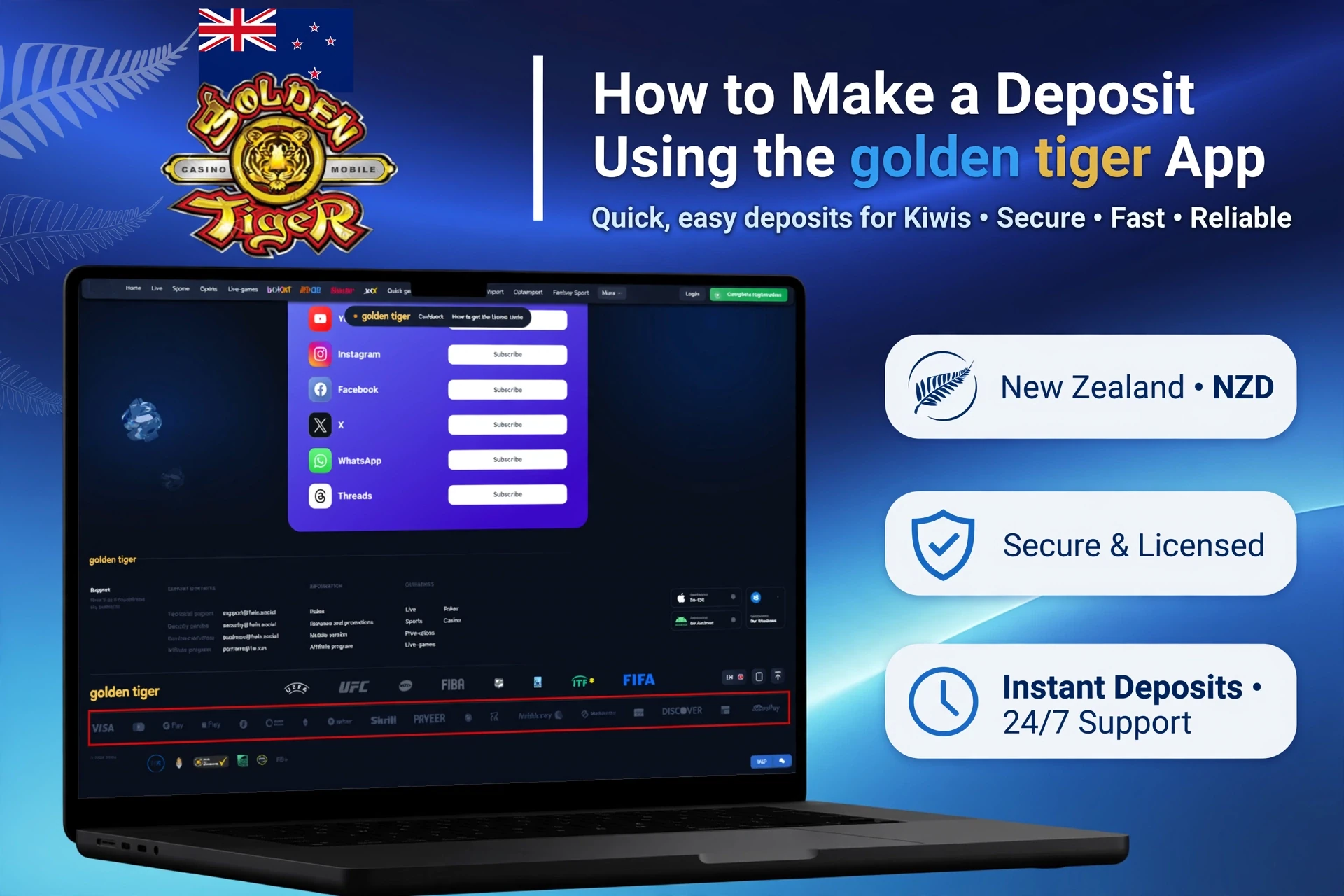 Registration process on the Golden Tiger mobile app with social login options
