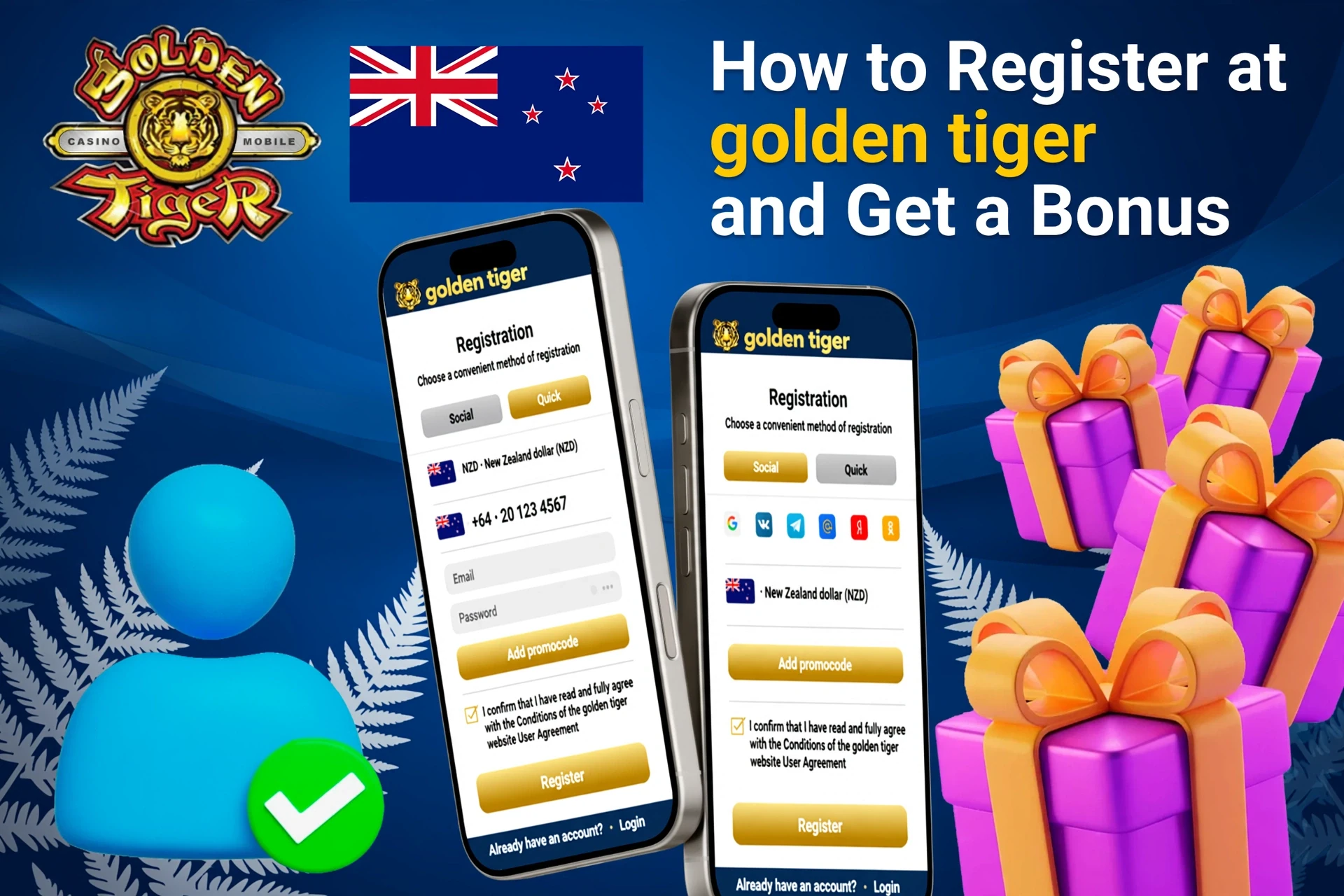 Mobile registration page for Golden Tiger showing bonus offers with purple and gold gift boxes