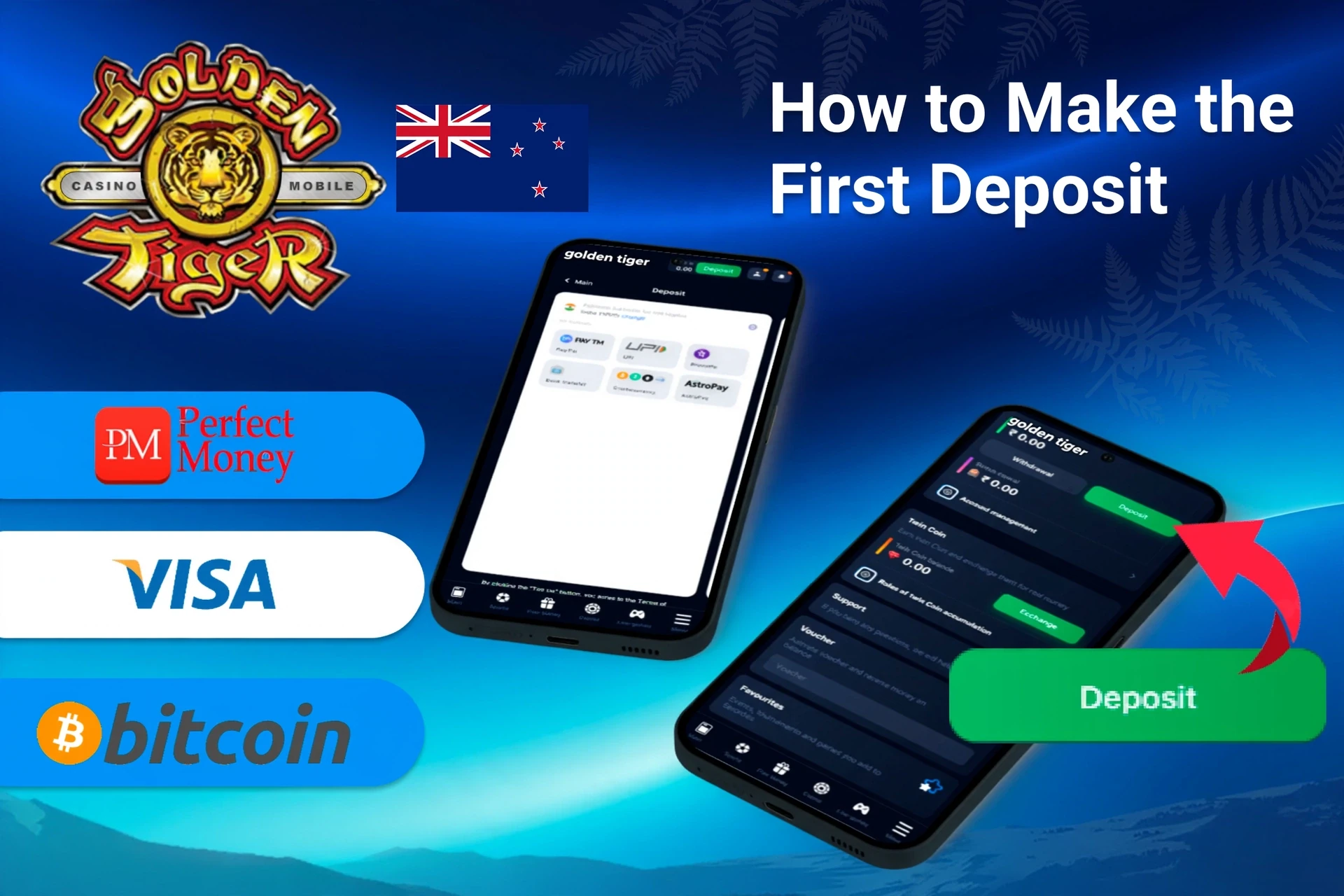 mobile app with deposit options including Perfect Money, Visa, and Bitcoin, along with deposit button