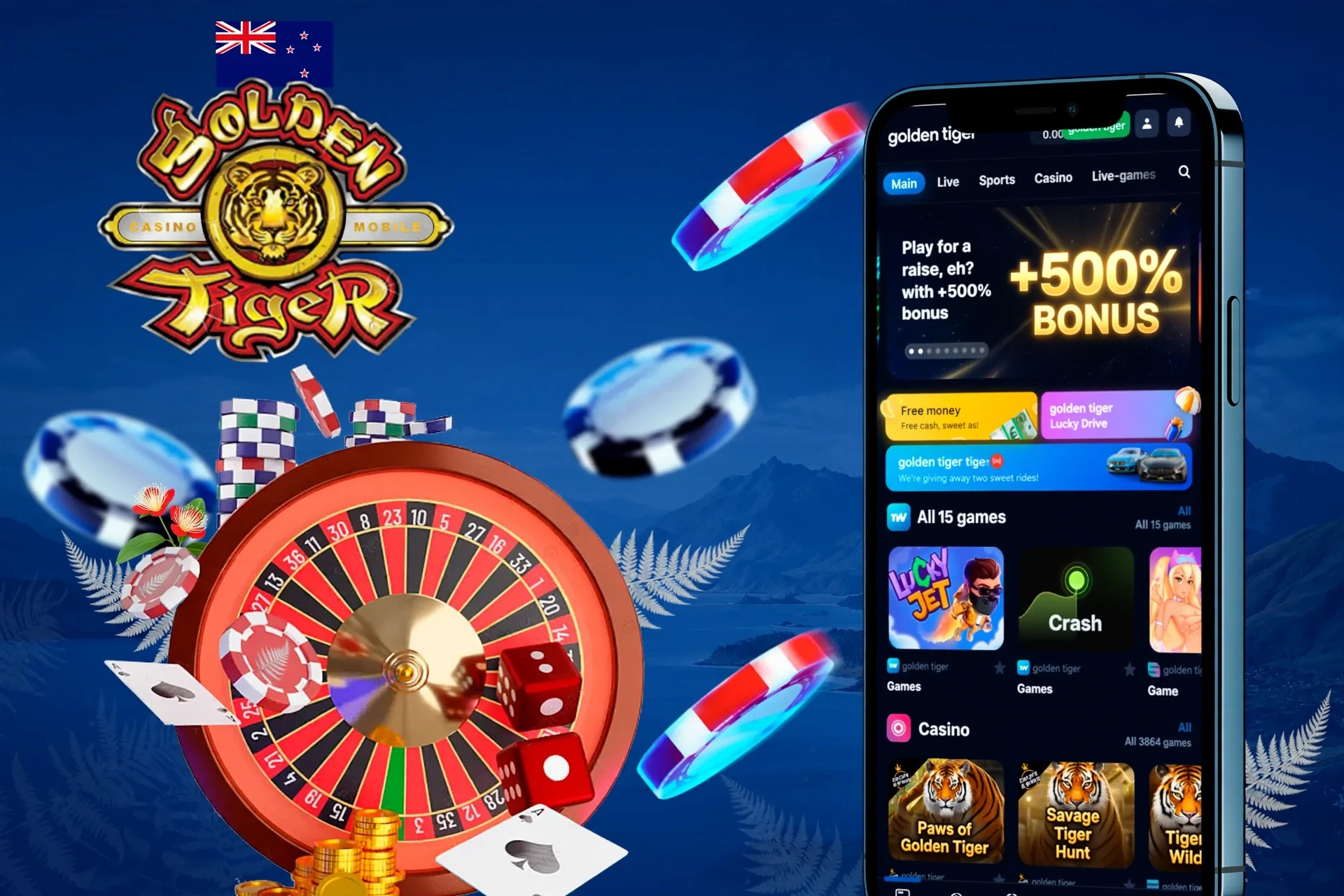 Mobile version of the Golden Tiger app displayed on smartphones, offering quick access to various betting and gaming features