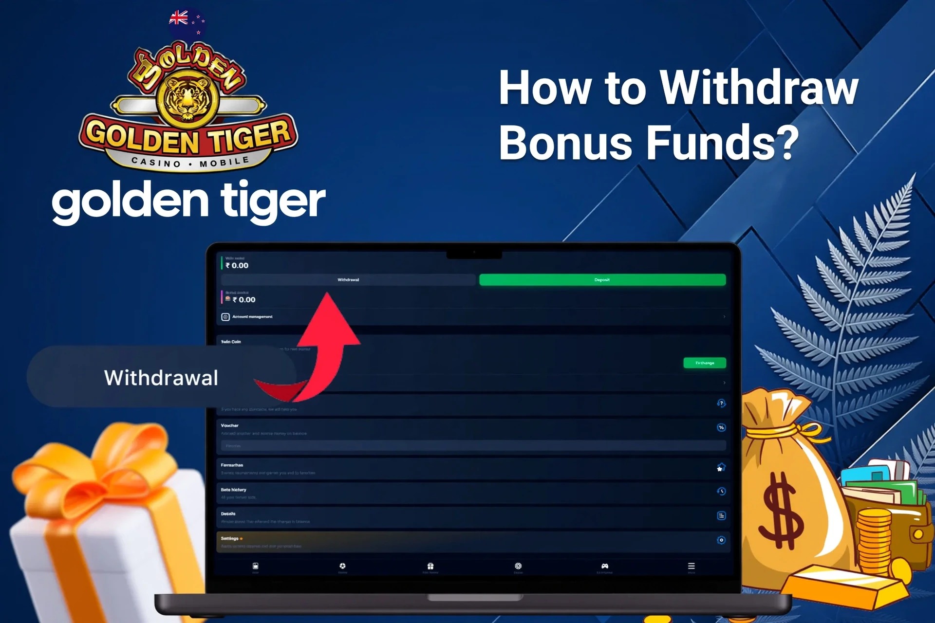 Laptop screen showing Golden Tiger withdrawal options with money bags and gift boxes in the background
