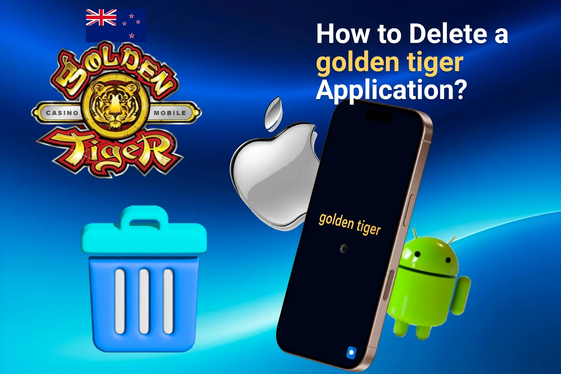 Instructions on how to delete the Golden Tiger application from iOS and Android devices, shown with app icons