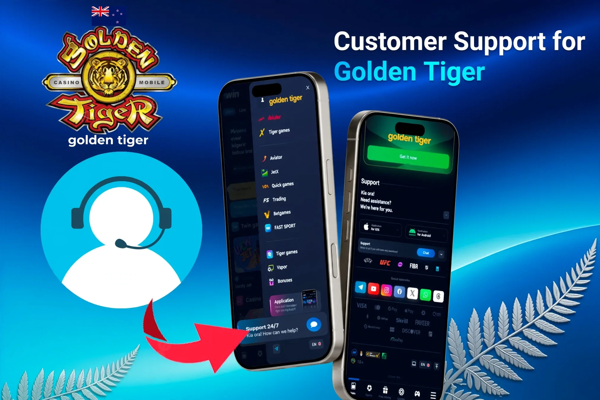 Customer support feature for the Golden Tiger app, highlighting options for contacting support through the app