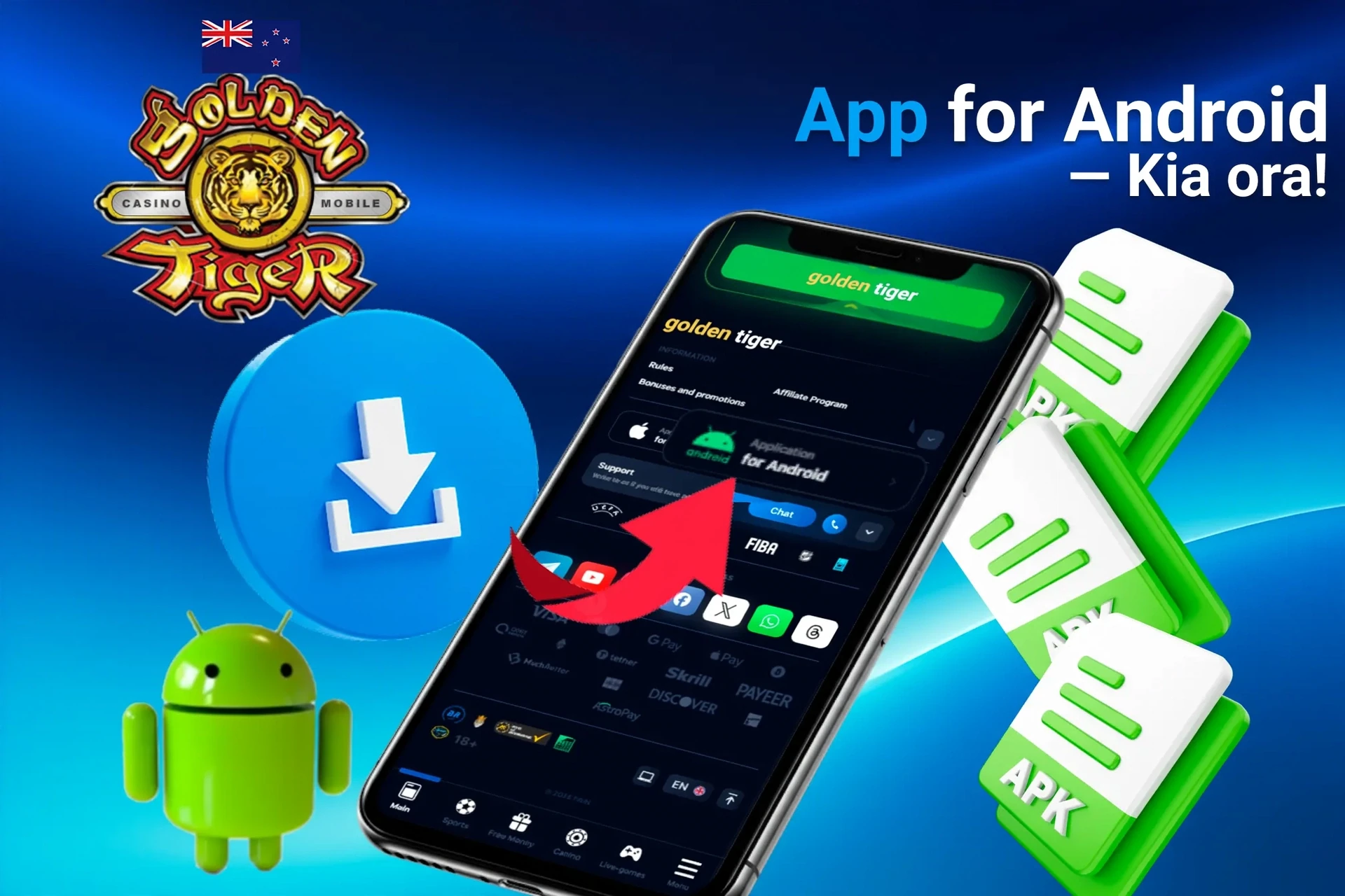App for Android download process with APK file icons and Android mascot