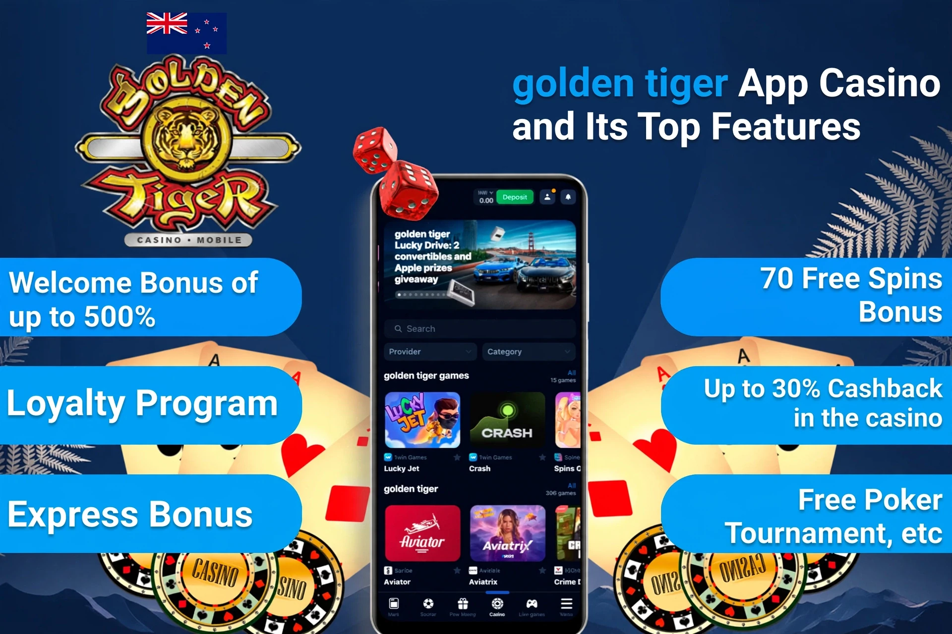 1Win App Casino top features including welcome bonus, loyalty program, and express bonus on mobile interface