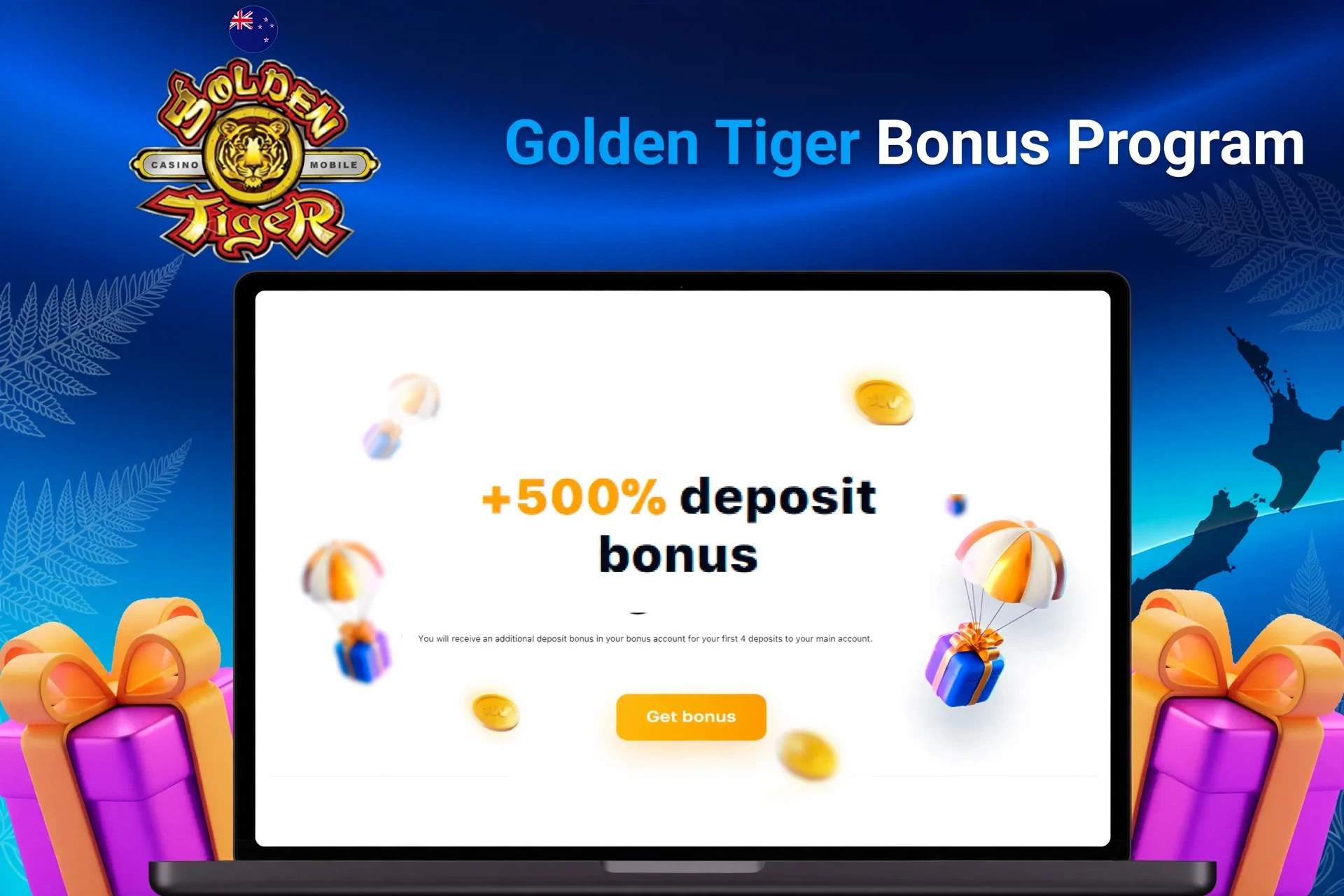 Laptop showing bonus offer of +500% deposit bonus with floating coins and gifts