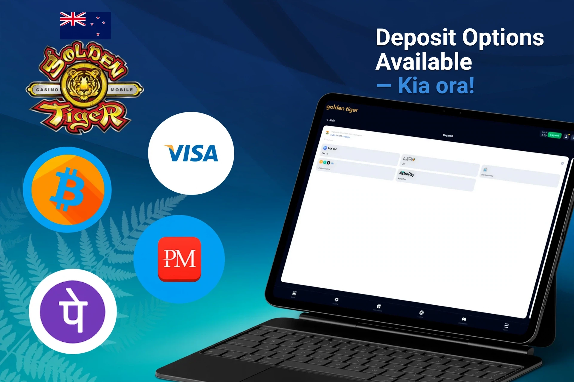 Deposit options available on Golden Tiger platform, including Bitcoin, Visa, PayPal, and ecoPayz, displayed on a tablet