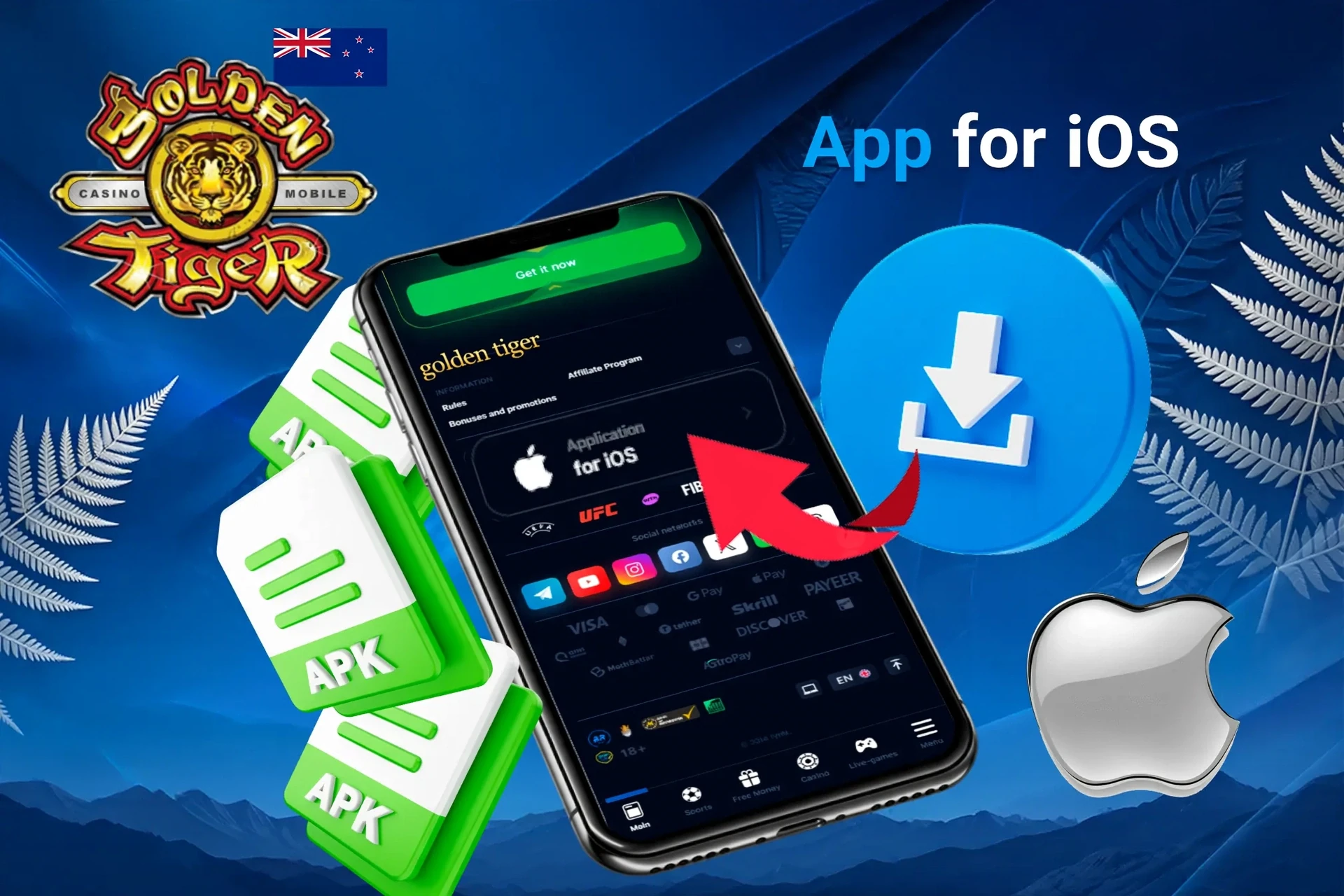 iOS app download screen with APK file icons and Apple logo