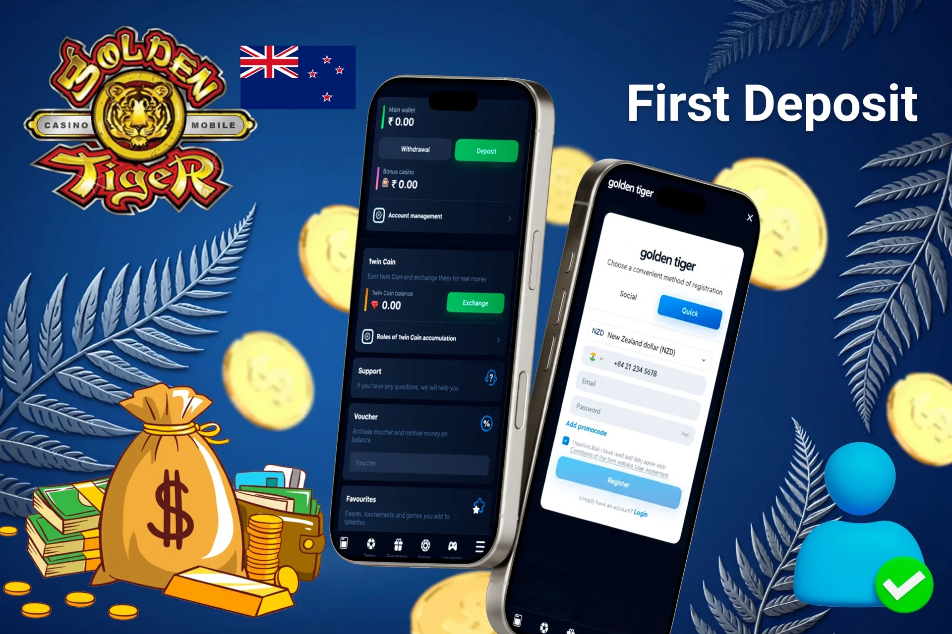 mobile interface showing steps to make the first deposit at Golden Tiger, with icons for payment options and bonus registration