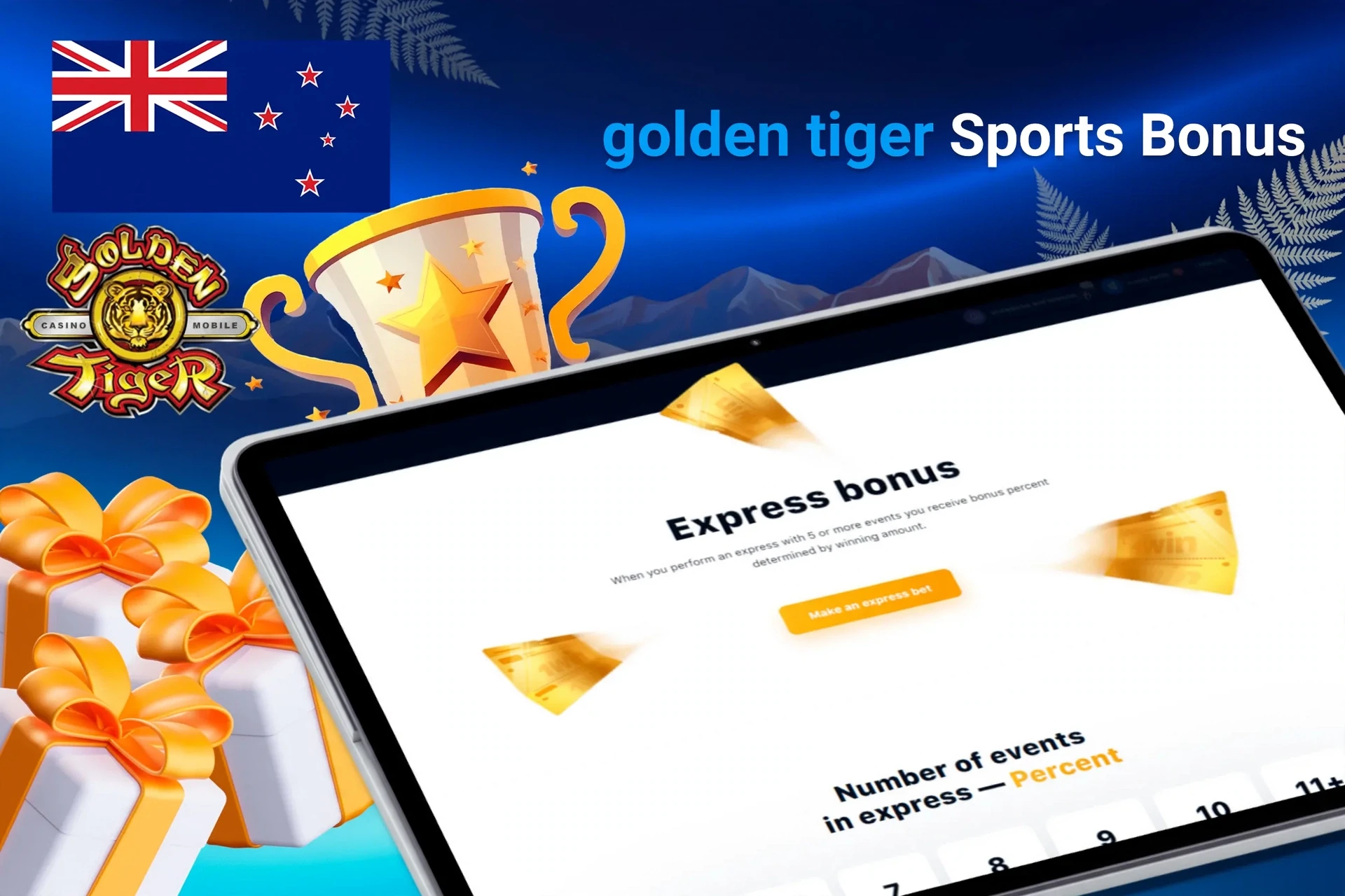 Tablet screen with express bonus offer for sports betting from Golden Tiger, with trophy and gift boxes.