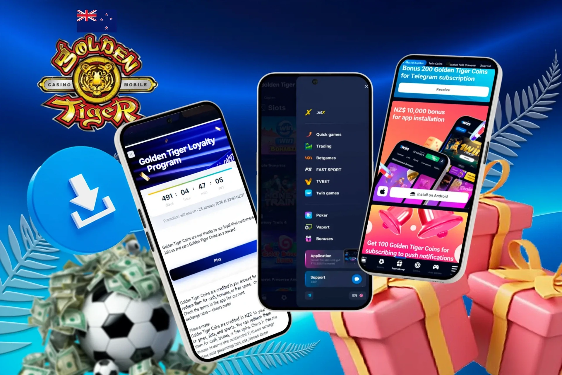 Mobile screens showing loyalty program, app installation bonus, and football icon with download button