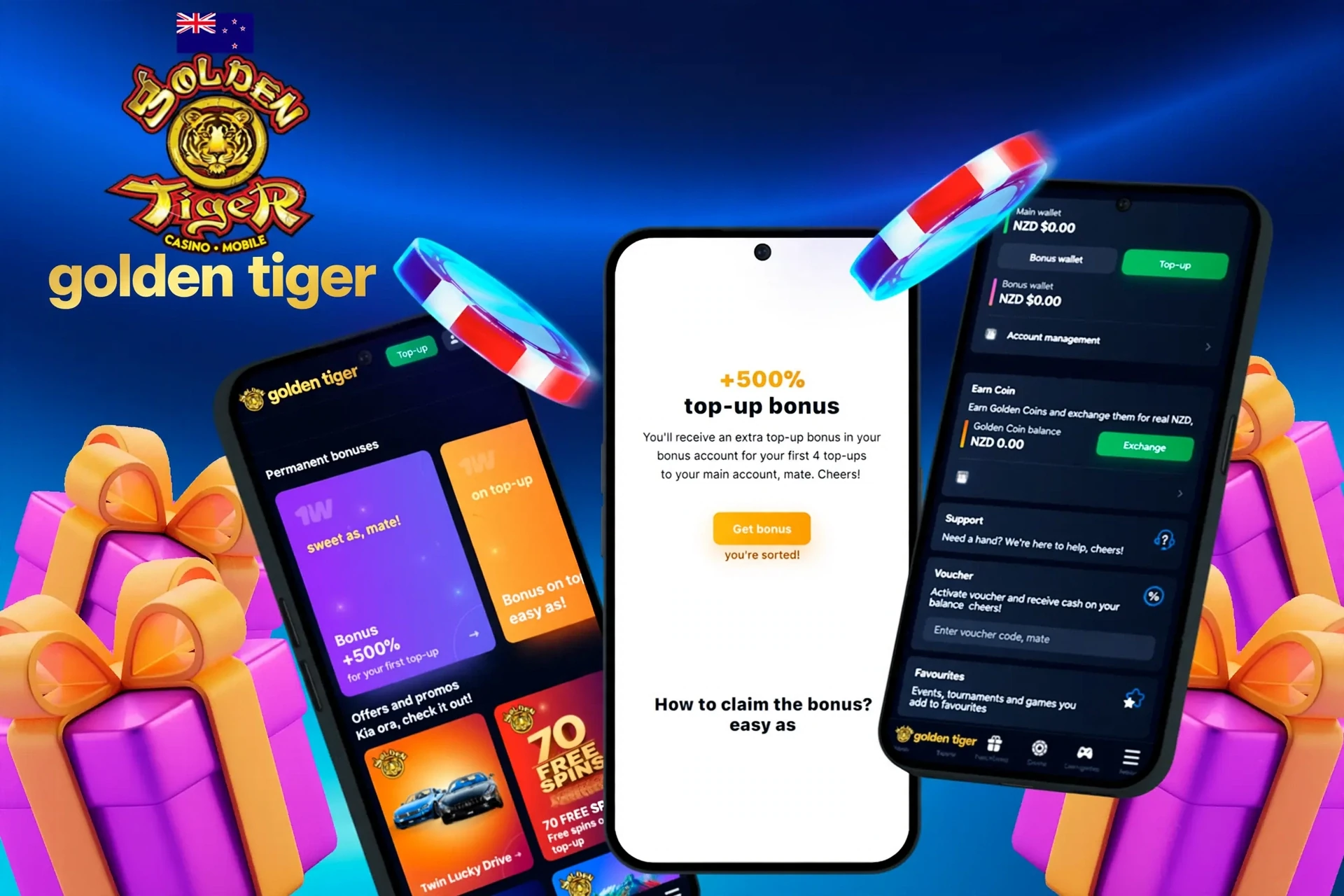 app showing instructions to claim the Golden Tiger welcome bonus on mobile with colorful gaming elements