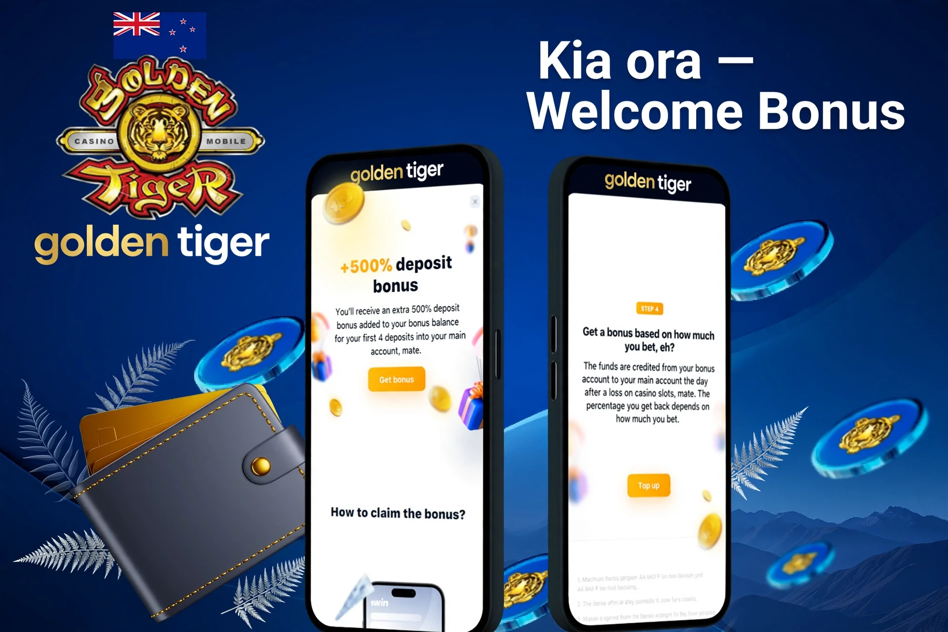 Golden Tiger welcome bonus screen with deposit bonus details for the first five deposits, displayed on two mobile screens