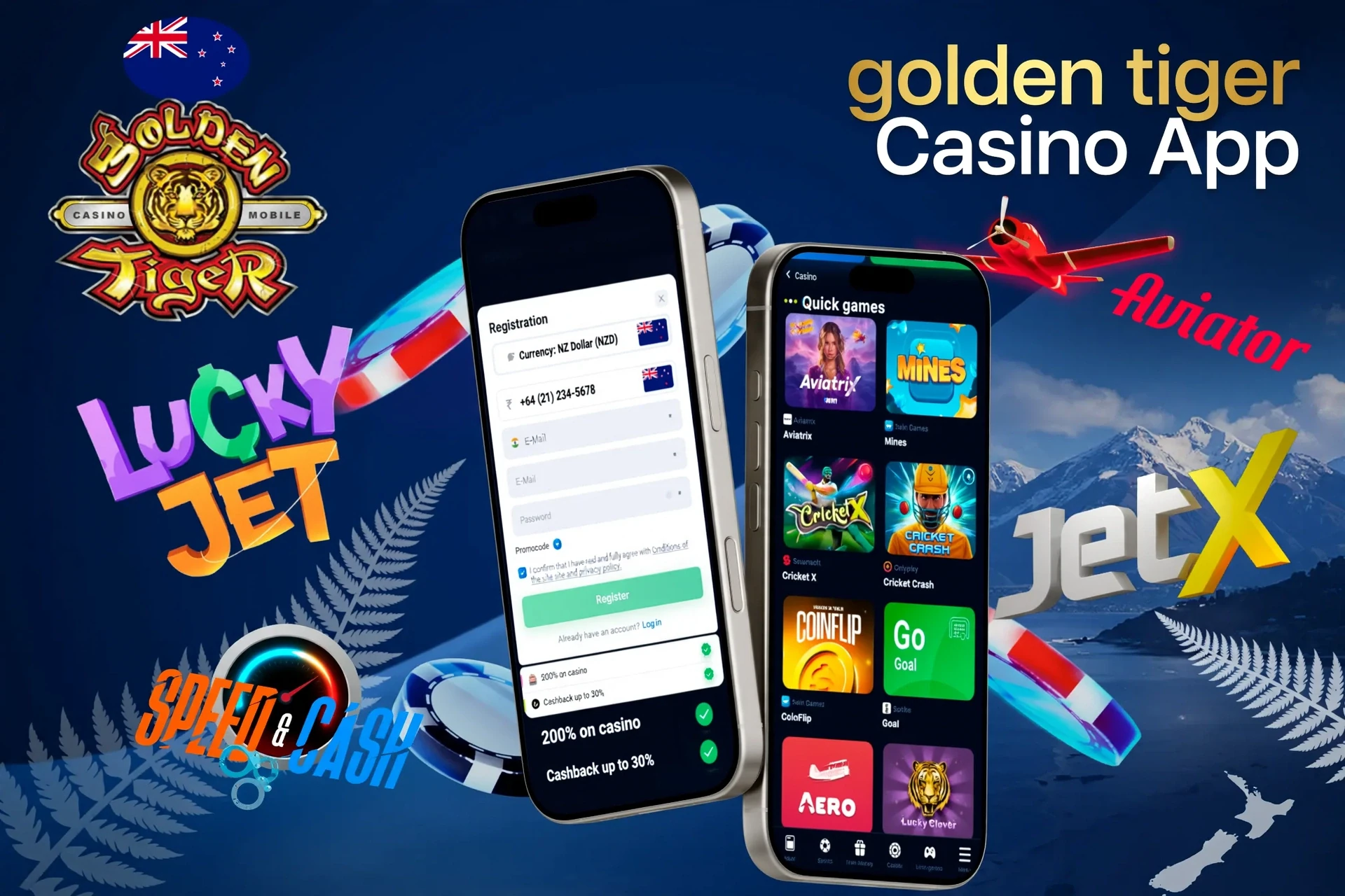 Golden Tiger Casino app registration screen with quick games like Aviatrix and JetX