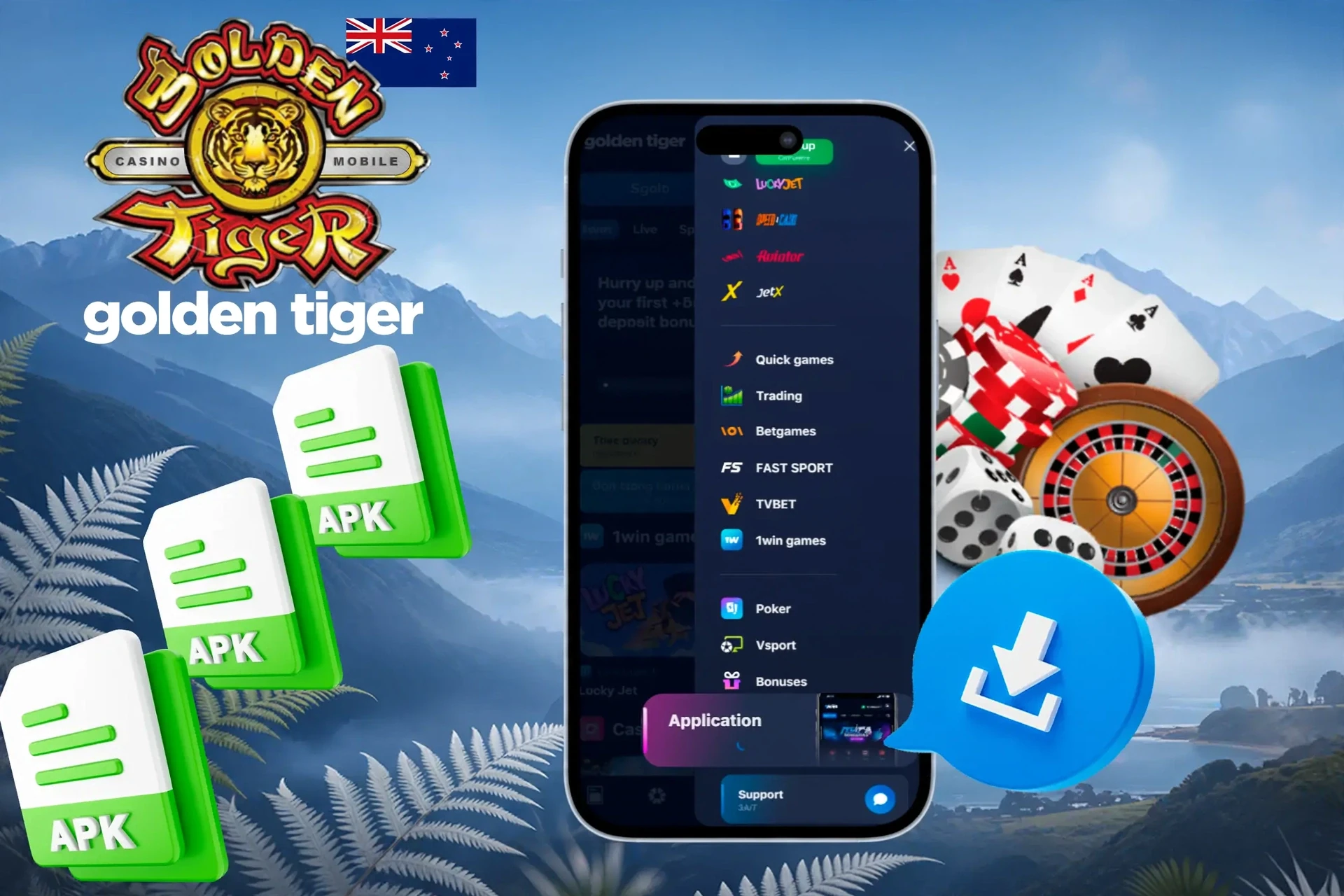 Golden Tiger app with APK file icons and casino chips illustrating mobile access to Golden Tiger games
