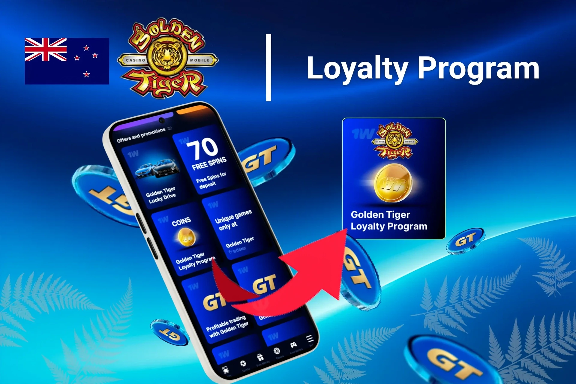 Mobile app showing Golden Tiger loyalty program and offers like free spins and Lucky Drive.