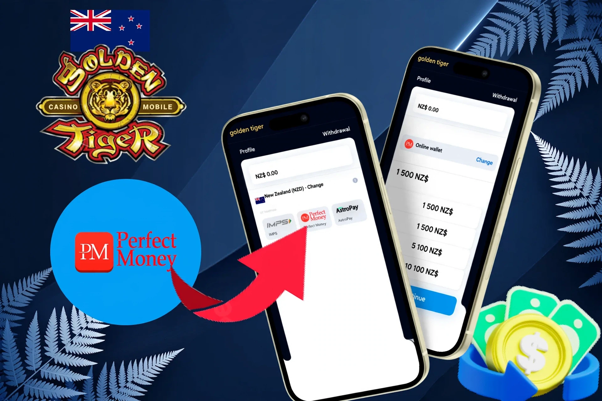 withdrawal options, featuring Perfect Money, AstroPay, and other e-wallet services, displayed on a mobile interface
