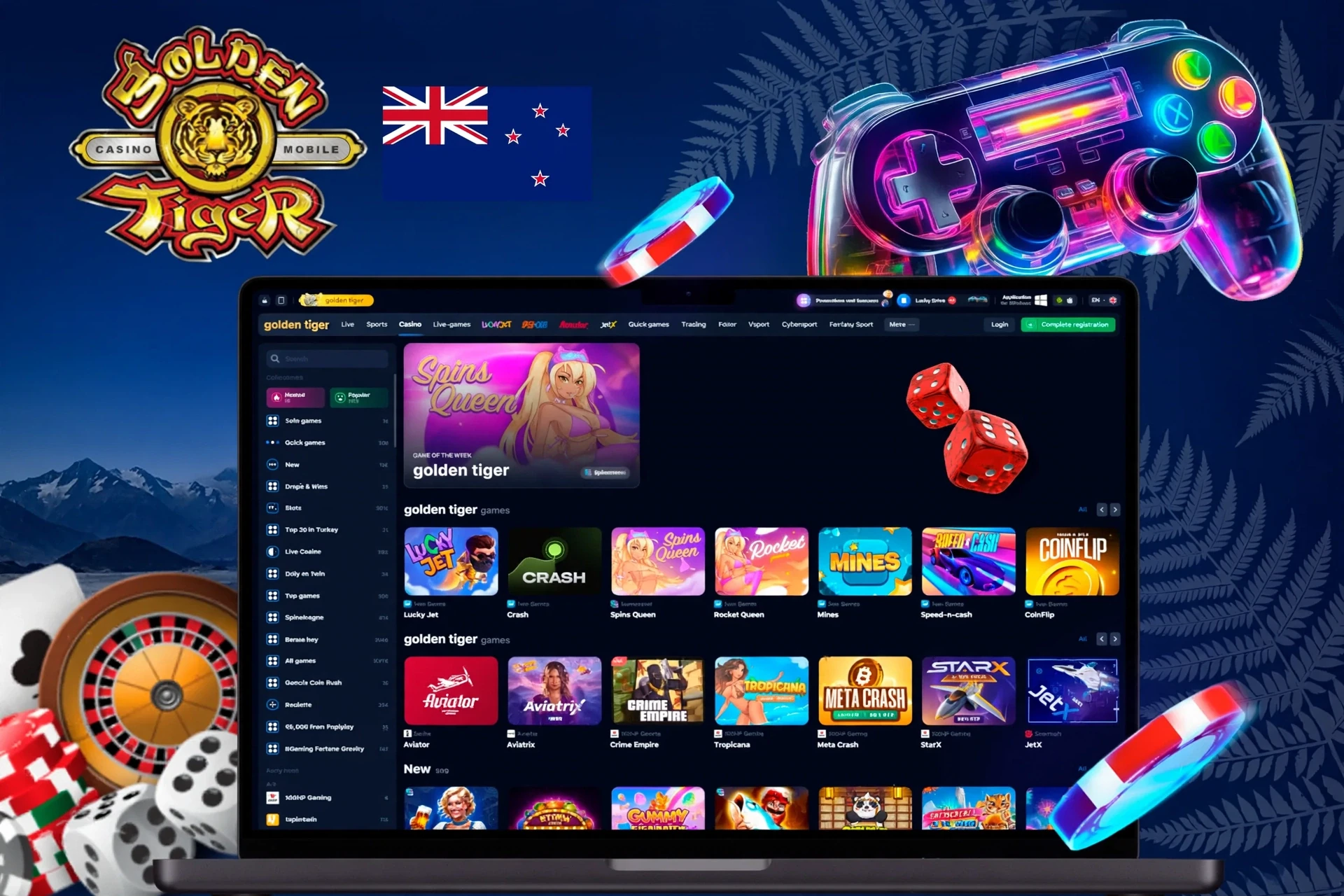 app interface showing a variety of games like Spins Queen, Crash, and Rocket Queen with a vibrant game controller icon