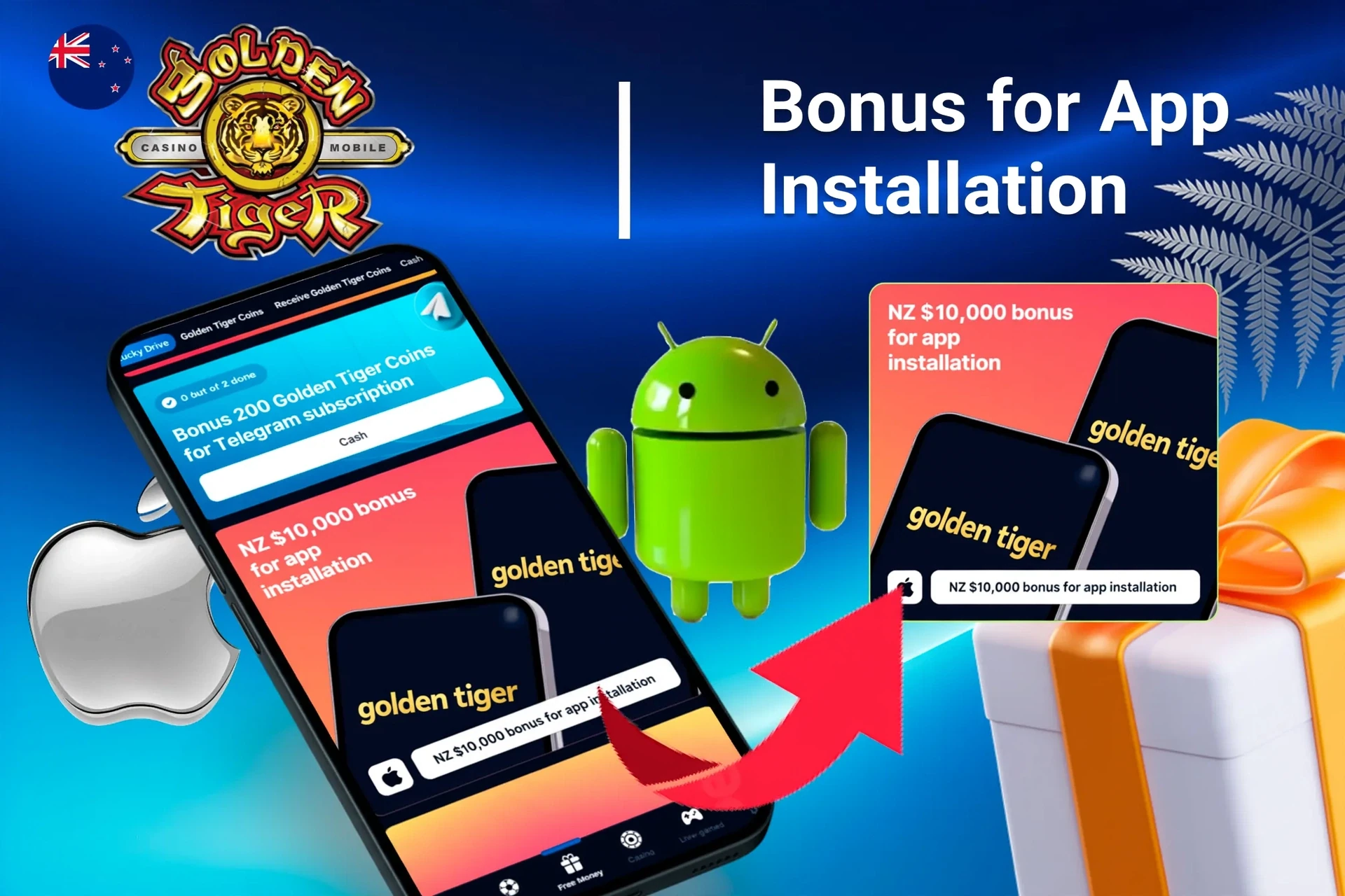 Golden Tiger bonus offer for app installation on mobile with Android and Apple logos, and gift boxes