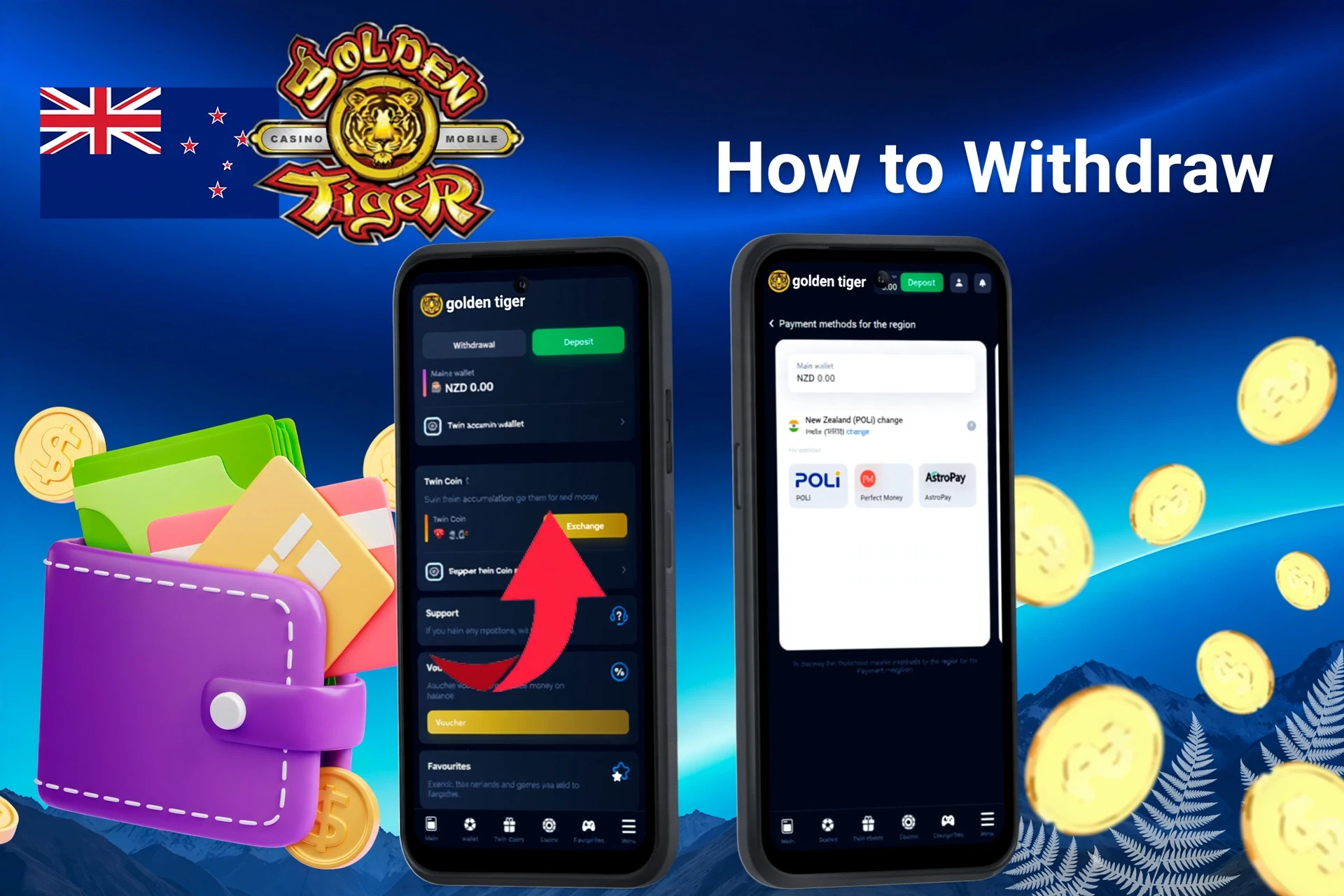 mobile interface showing the withdrawal process with an arrow pointing to available withdrawal options and wallet balance