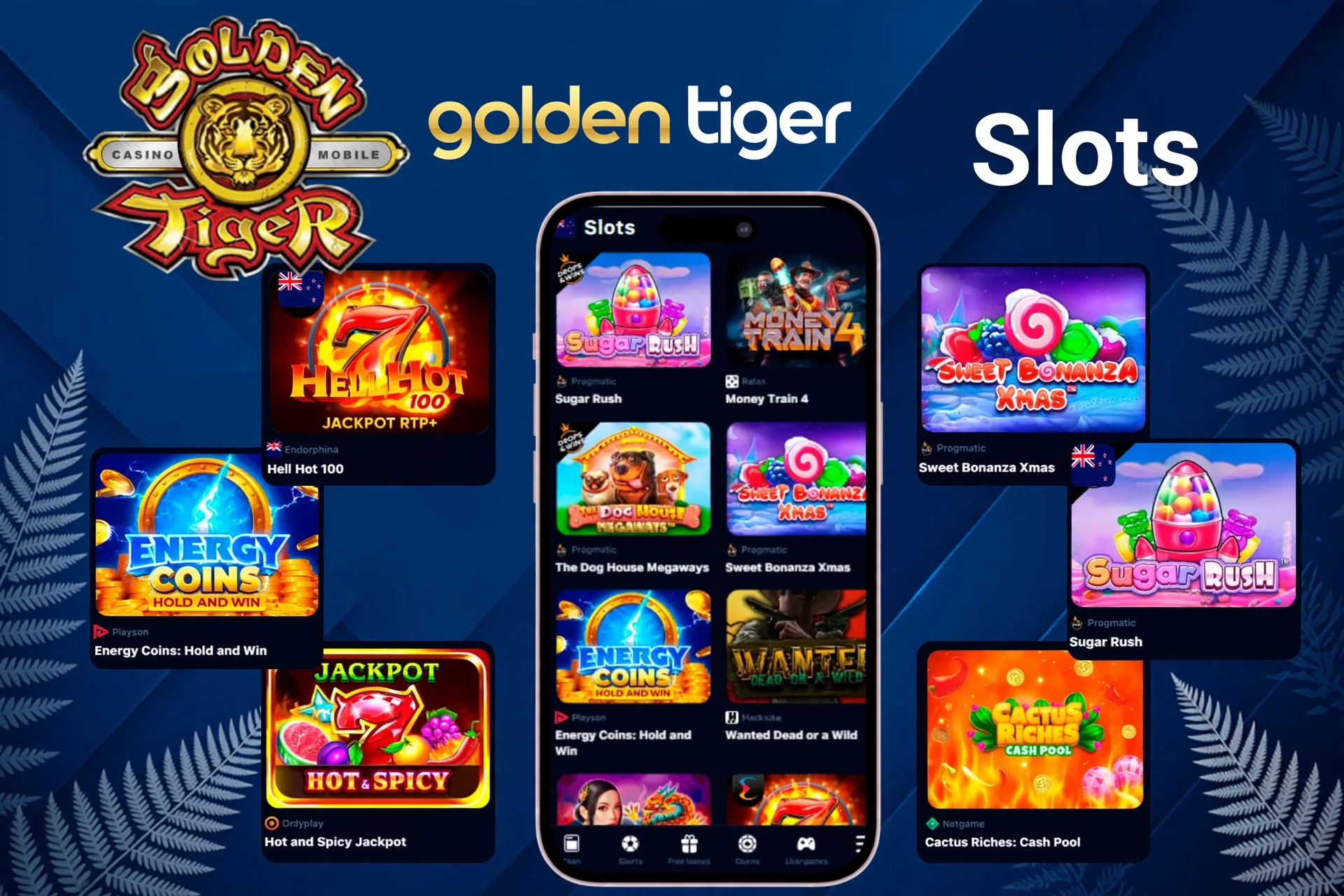 Slot games showing popular titles such as Sugar Rush, Energy Coins, and Hell Hot 100 on mobile and desktop