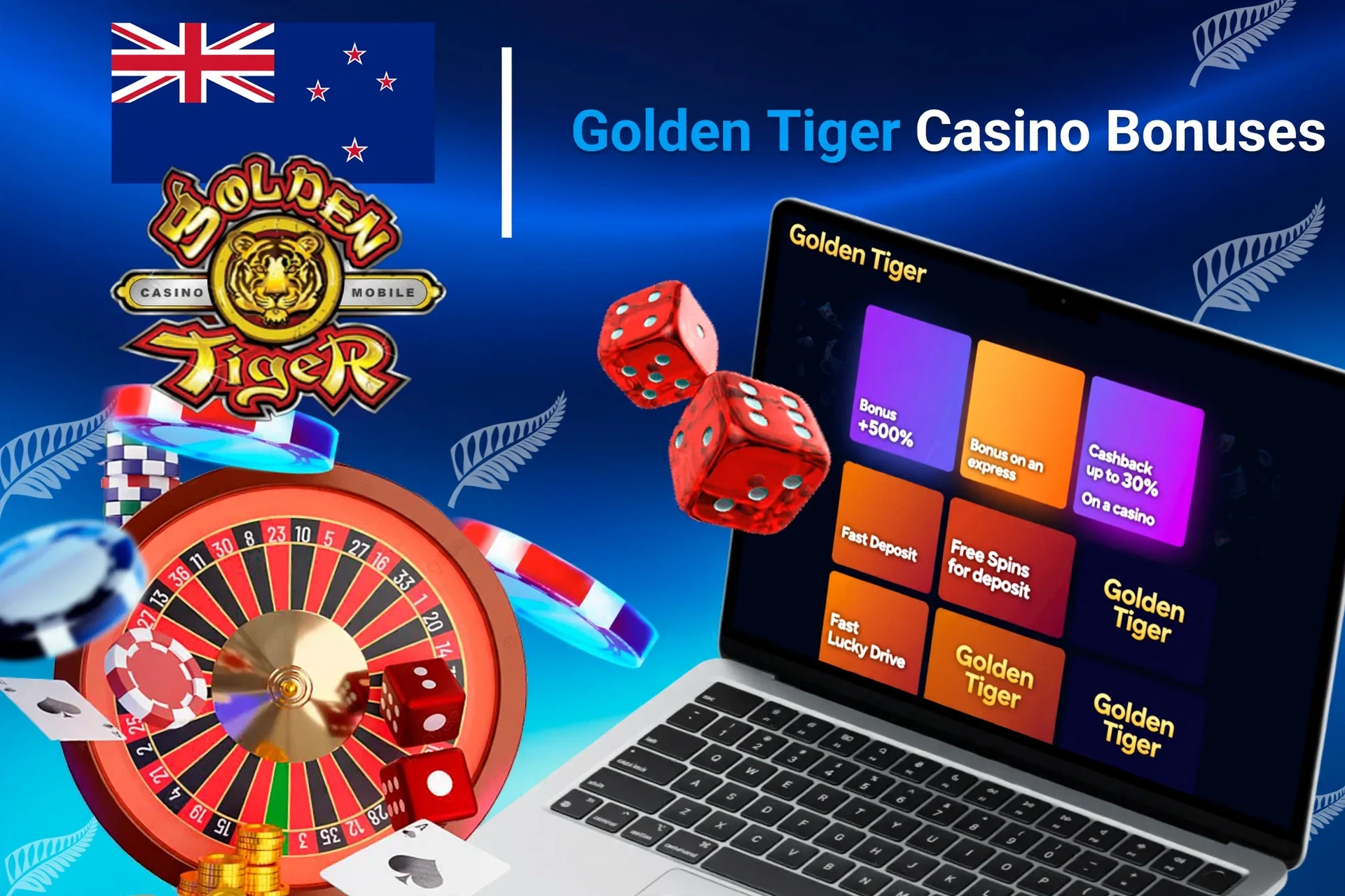 Laptop screen showing various Golden Tiger casino bonuses with roulette, dice, and poker chips