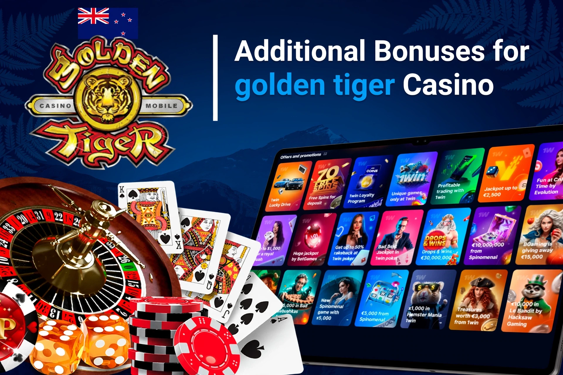 Mobile app showing casino game offers like loyalty program and free spins with poker chips and cards