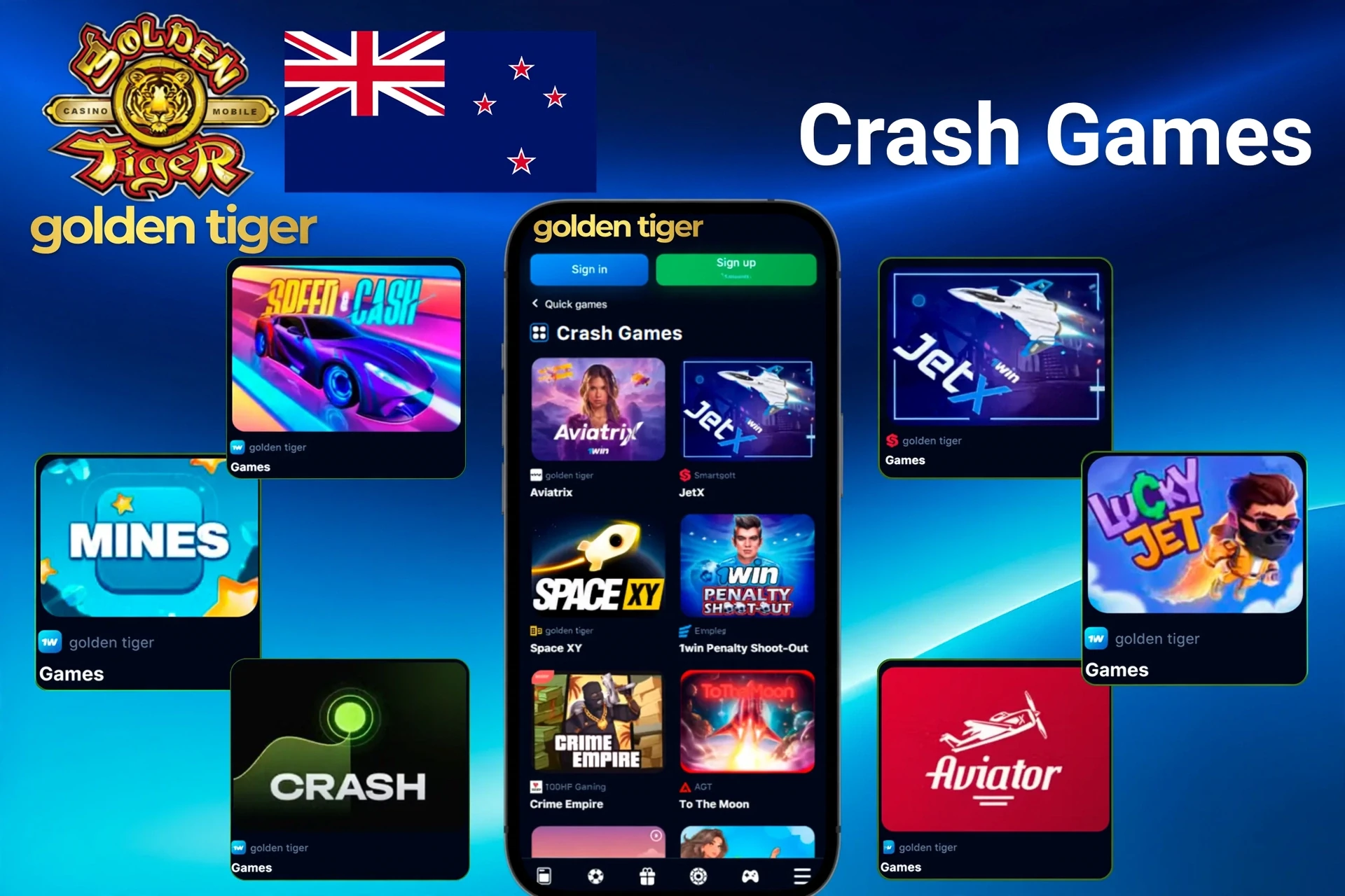 Crash games like Mines, Speed-n-cash, JetX, and Lucky Jet shown on a mobile app