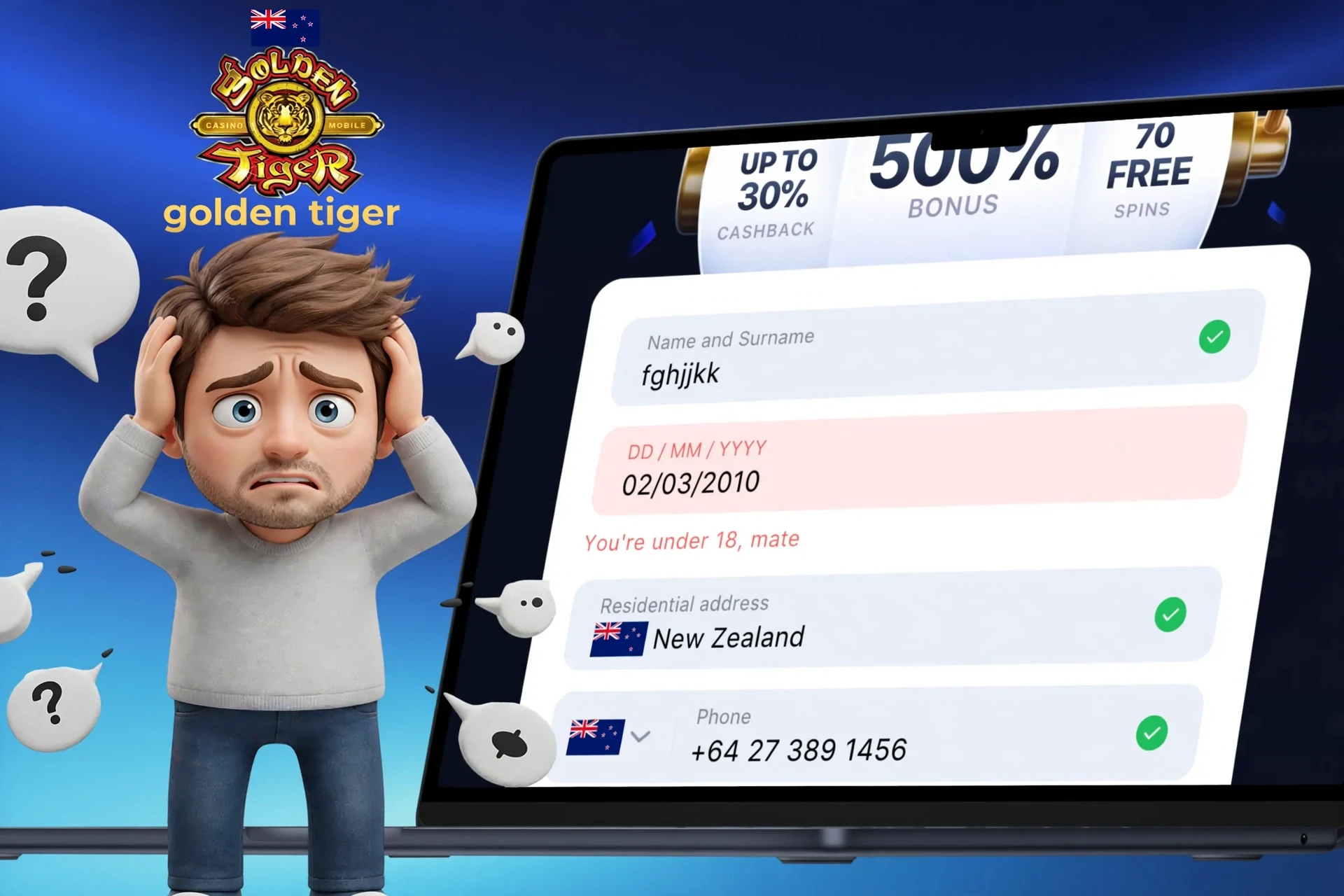 Description of possible difficulties when registering at Golden Tiger